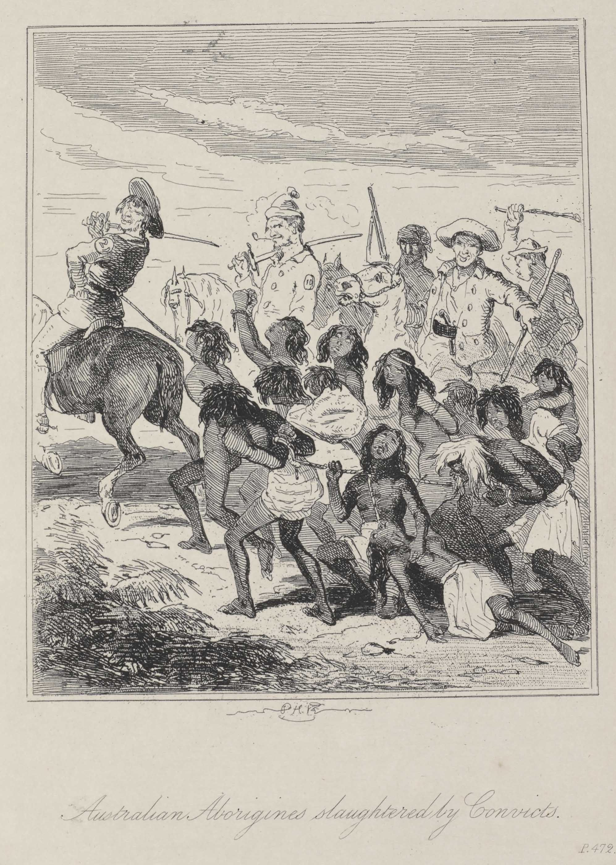 <p><em>Australian Aborigines Slaughtered by Convicts</em>,&nbsp;1840s, by Phiz</p>
