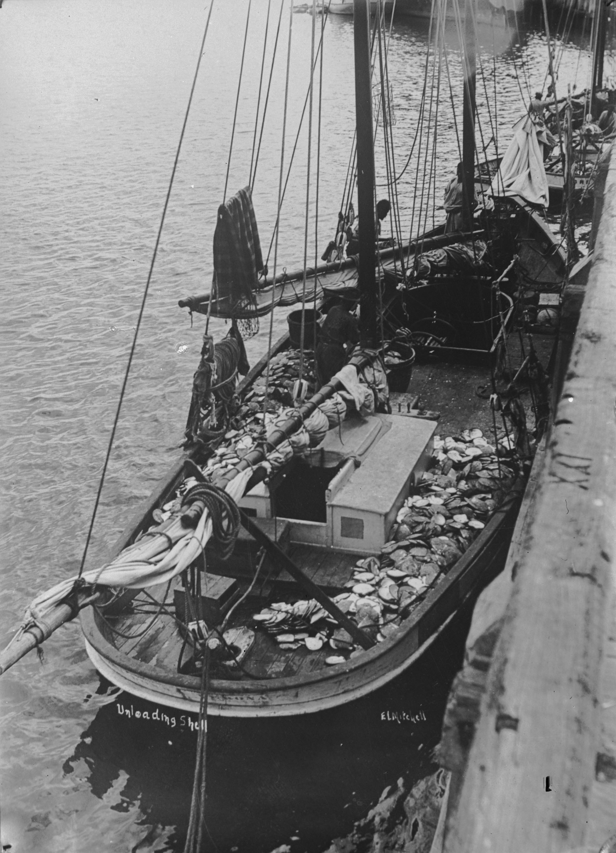 <p>Unloading pearl shell from a lugger, 1910</p>

