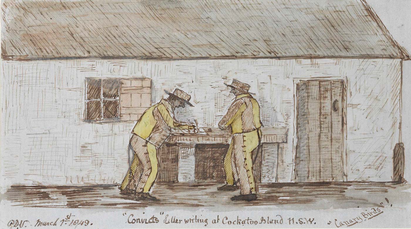 <p>‘Convicts letter writing at Cockatoo Island N.S.W.’,&nbsp;by Philip Doyne Vigors, 1849</p>

