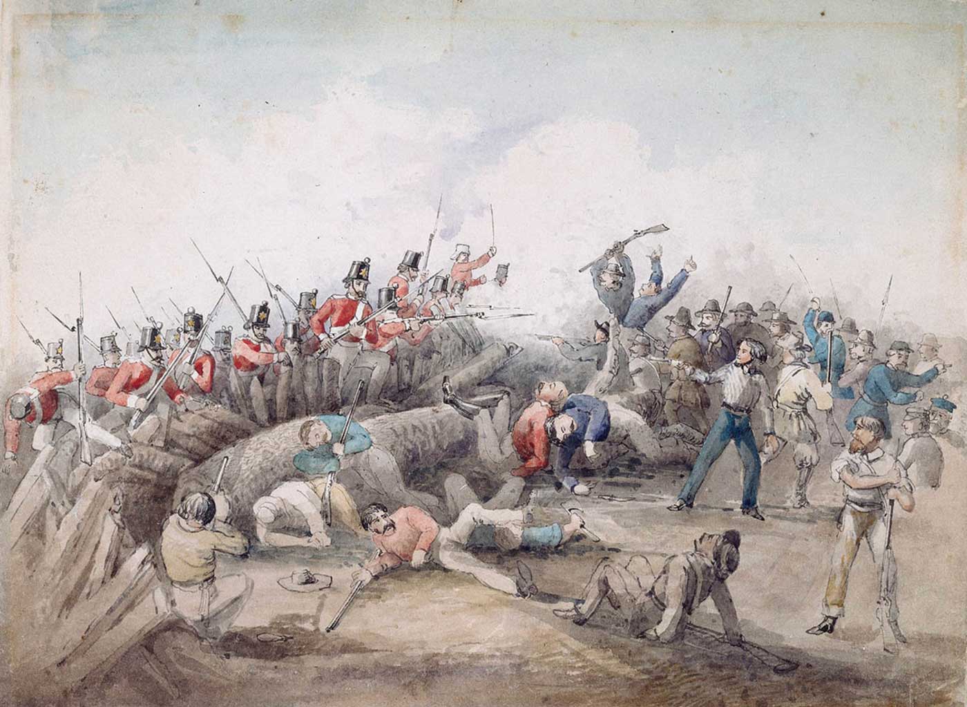 <p><em>Eureka Stockade Riot,</em>&nbsp;JB Henderson, 1854, watercolour</p>
