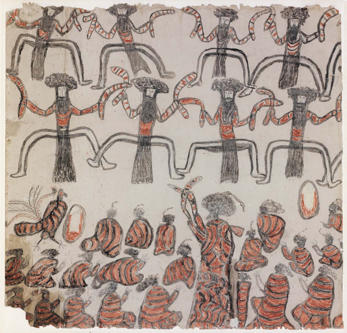 A pencil, pigment and watercolour drawing in a predominantly red and black palette depicts rows of figures dancing and sitting. The figures in the upper section are holding red striped boomerangs and have splayed legs. The figures in the lower section are sitting with hands raised, and surround a standing figure holding two decorated boomerangs crossed. At the left of the picture is a bird-like figure with a tail similar to a lyrebird, and on the right of the picture is another partly coloured oval shape.