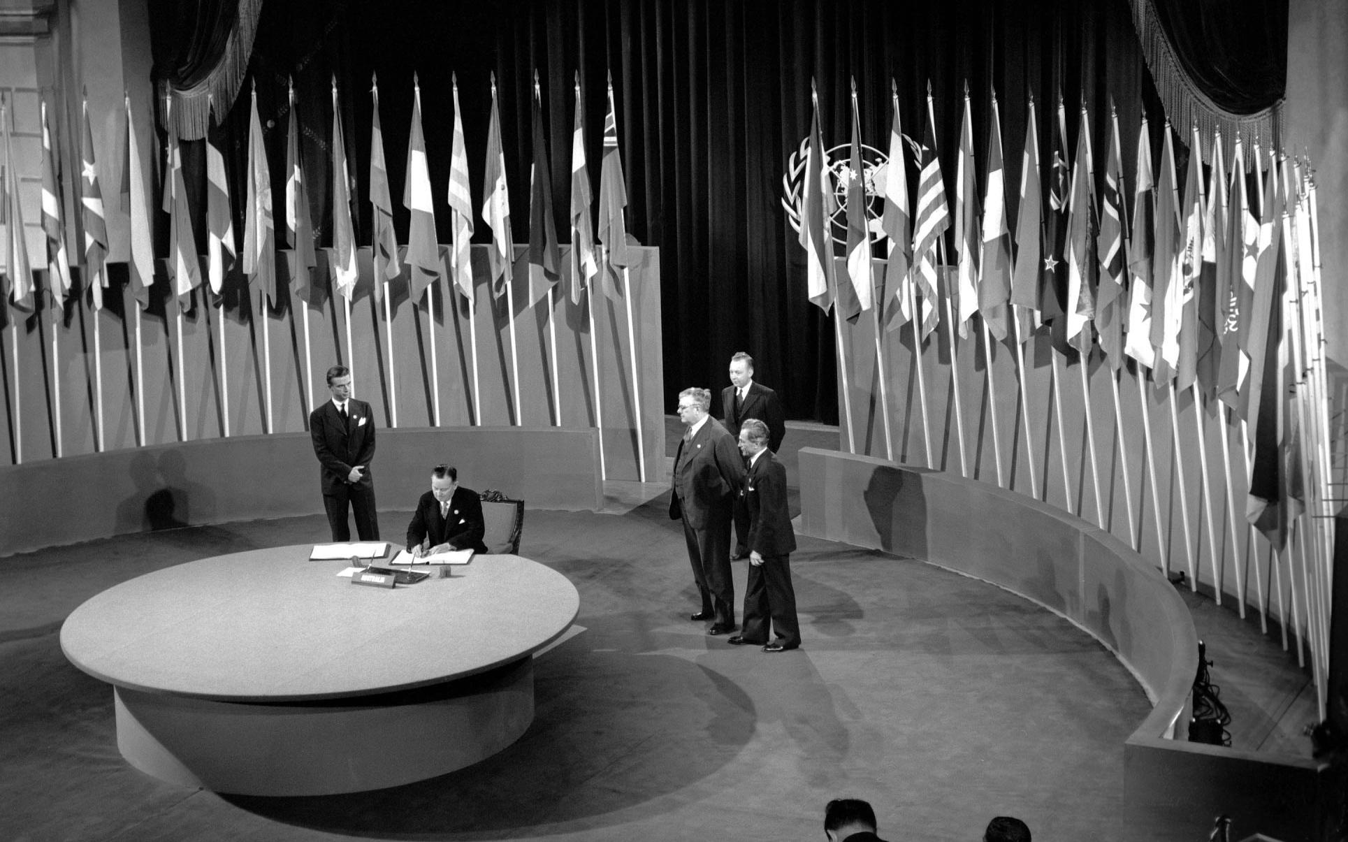 Francis Michael Forde, then Australia’s Deputy Prime Minister, signing the UN Charter at a ceremony held in San Francisco, 26 June 1945