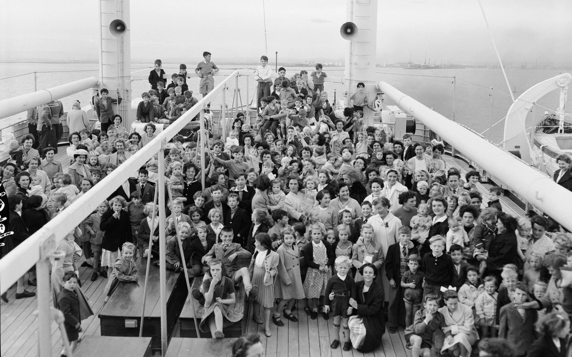 530 children under the age of 14 arrive at Port Melbourne aboard the Fairsea from the United Kingdom, 1956.