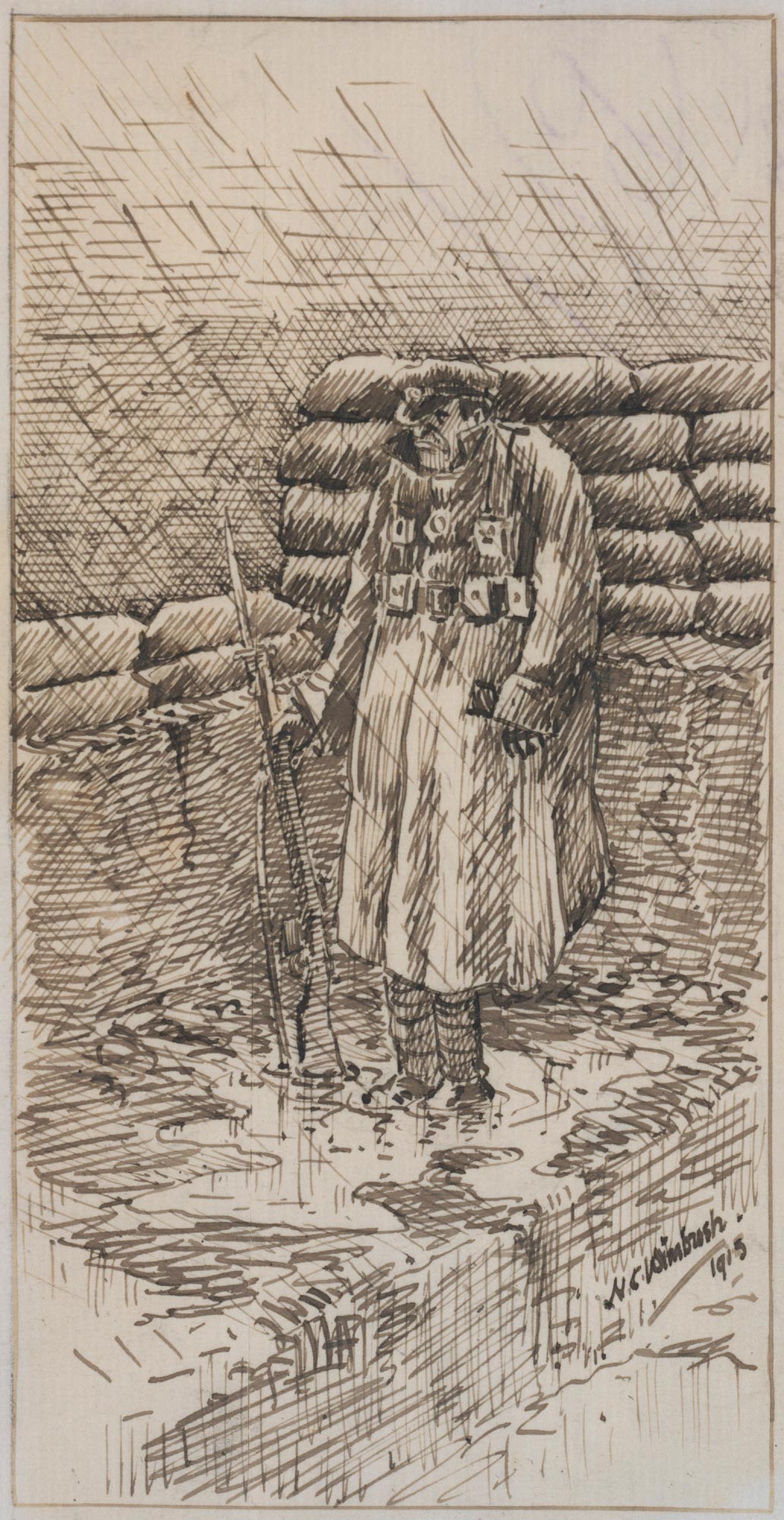 Sketch of a sentry standing in the pouring rain at Gallipoli, 1915.
