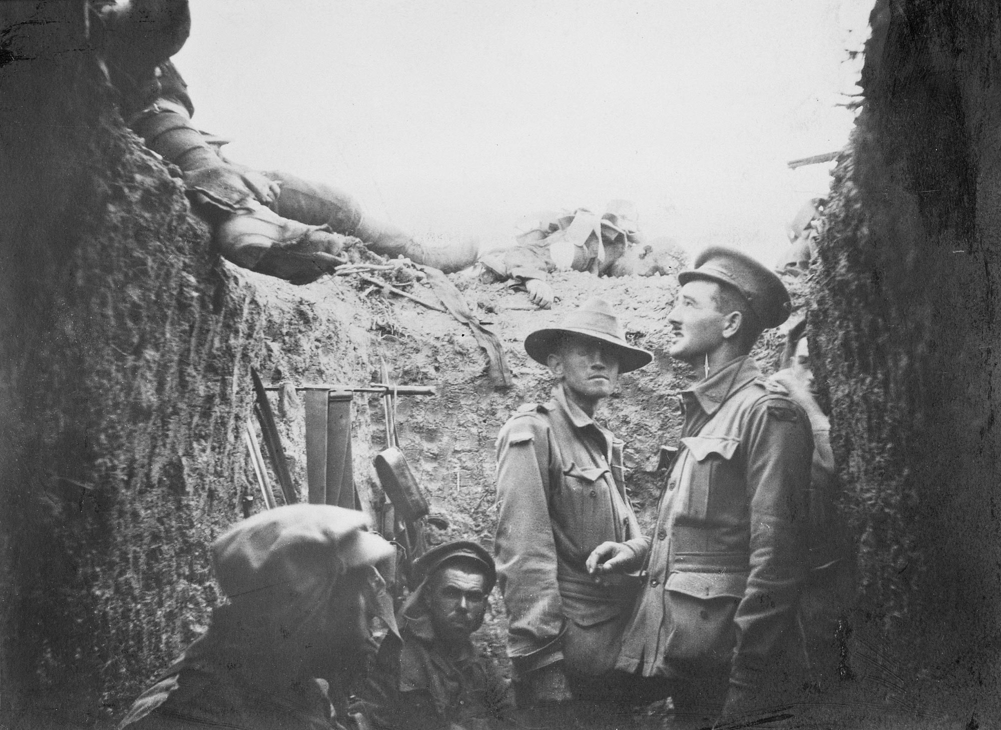 <p>Trench at Lone Pine after the battle, showing Australian and Turkish dead on the parapet, August 1915</p>
