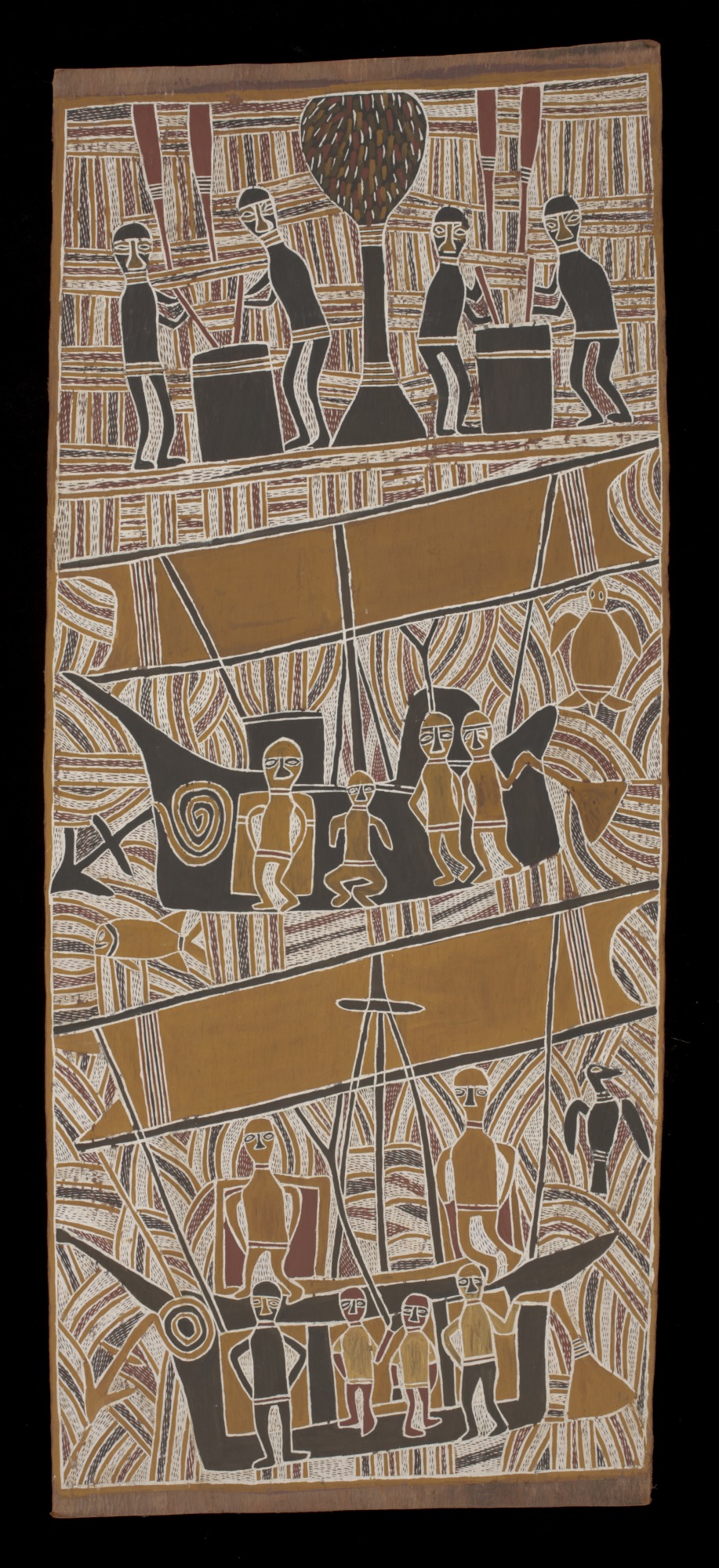 Bark painting depicting Makasar boiling down trepang, by Mathaman Marika, 1964.