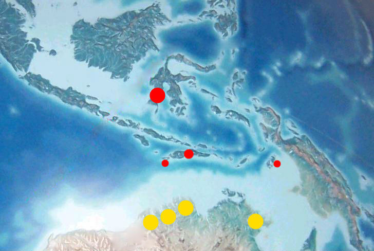 Locations of the Makasar contact with Australia. The red dots are the origins of the Makasar. The largest red dot is Makassar, the smaller dots are (left to right) Rote, Timor and Aru. The yellow dots are their destinations in Australia. The three yellow dots represent the Kimberley region, the other yellow dot represents Arnhem Land