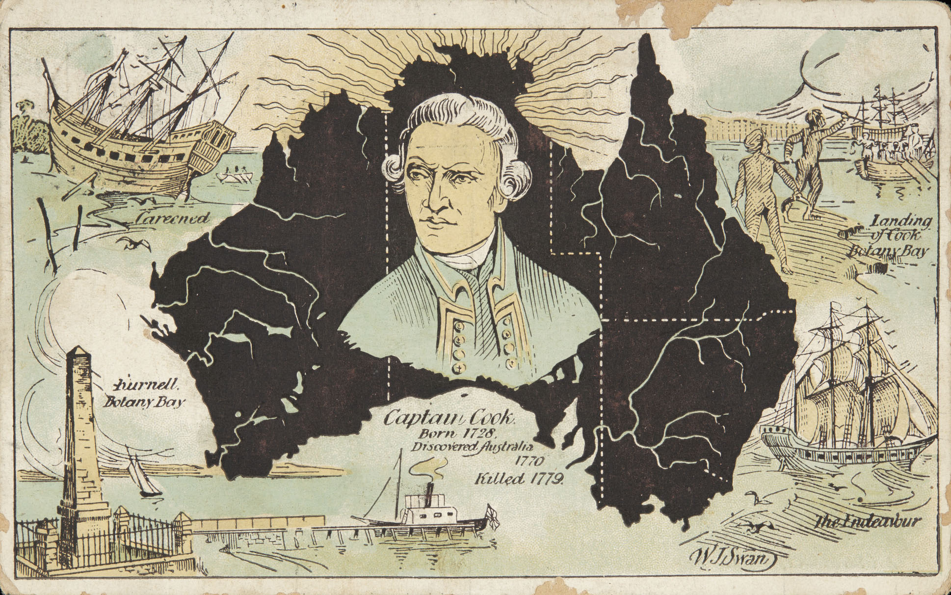 <p>&nbsp;Postcard titled&nbsp;‘Captain Cook,&nbsp;Born&nbsp;1728, Discovered Australia 1770, Killed 1779’</p>
