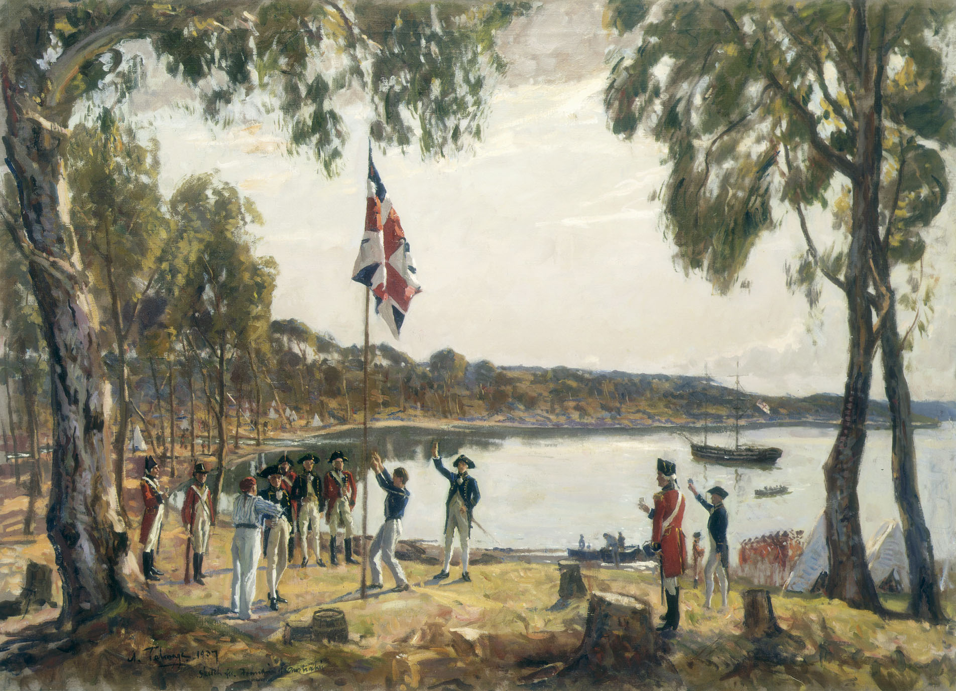 The Founding of Australia. By Capt. Arthur Phillip R.N. Sydney Cove, Jan. 26th 1788, by Algernon Talmage, 1937.