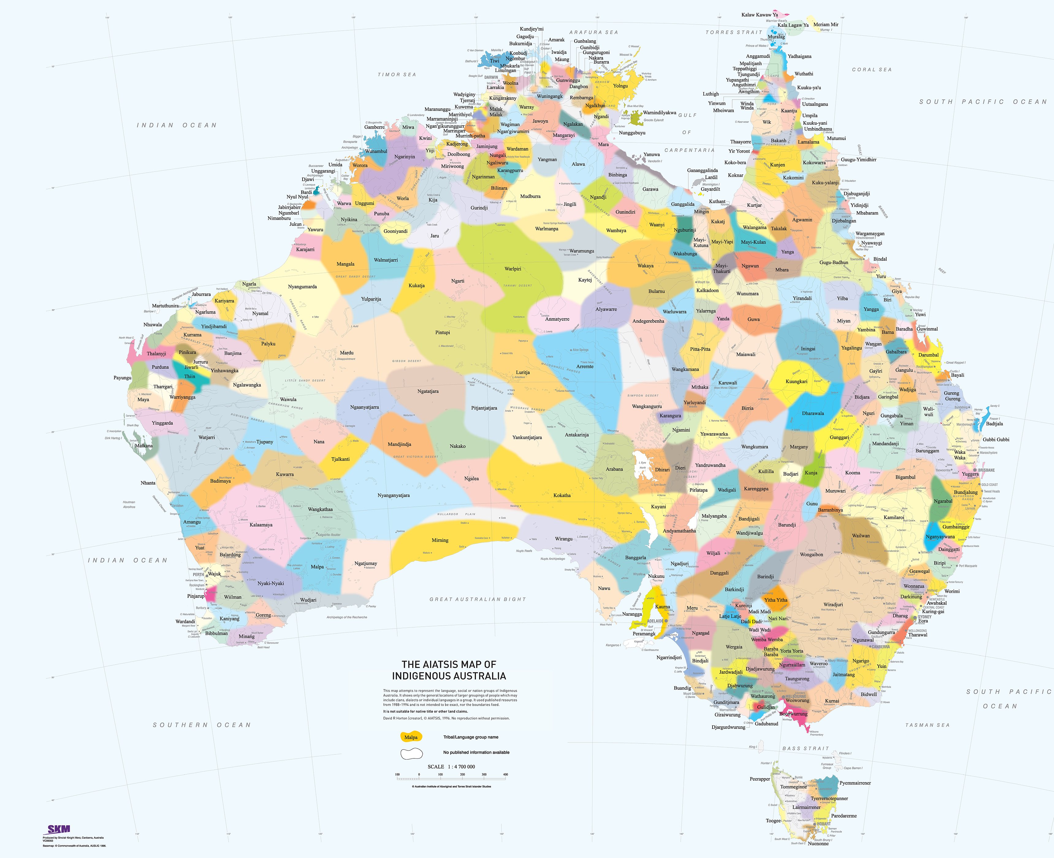 This map attempts to represent the language, social or nation groups of Aboriginal Australia. It shows only the general locations of larger groupings of people which may include clans, dialects or individual languages in a group. It used published resources from 1988-1994 and is not intended to be exact, nor the boundaries fixed. It is not suitable for native title or other land claims