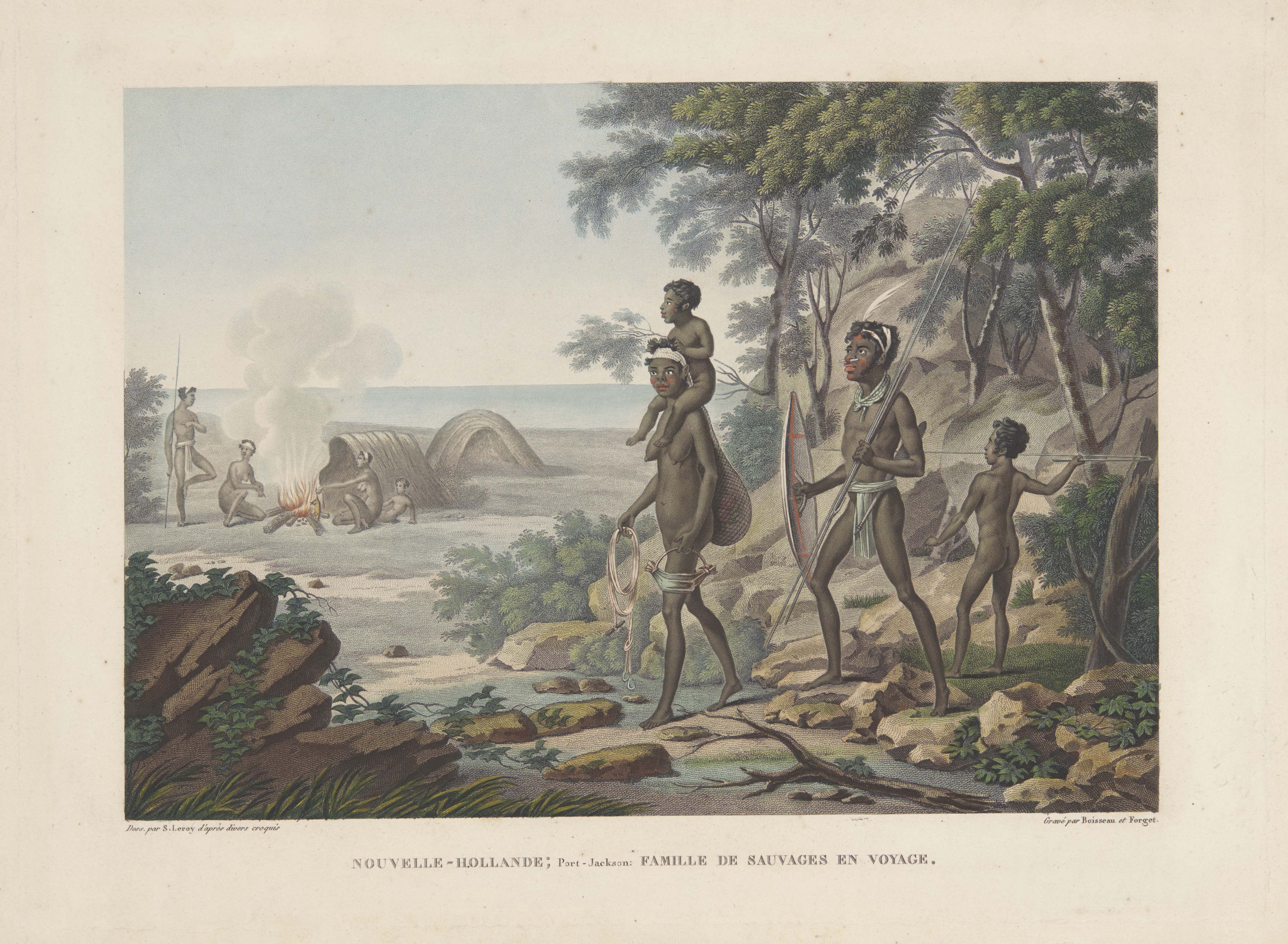 A colour engraving of a family of four travelling in the Port Jackson area
