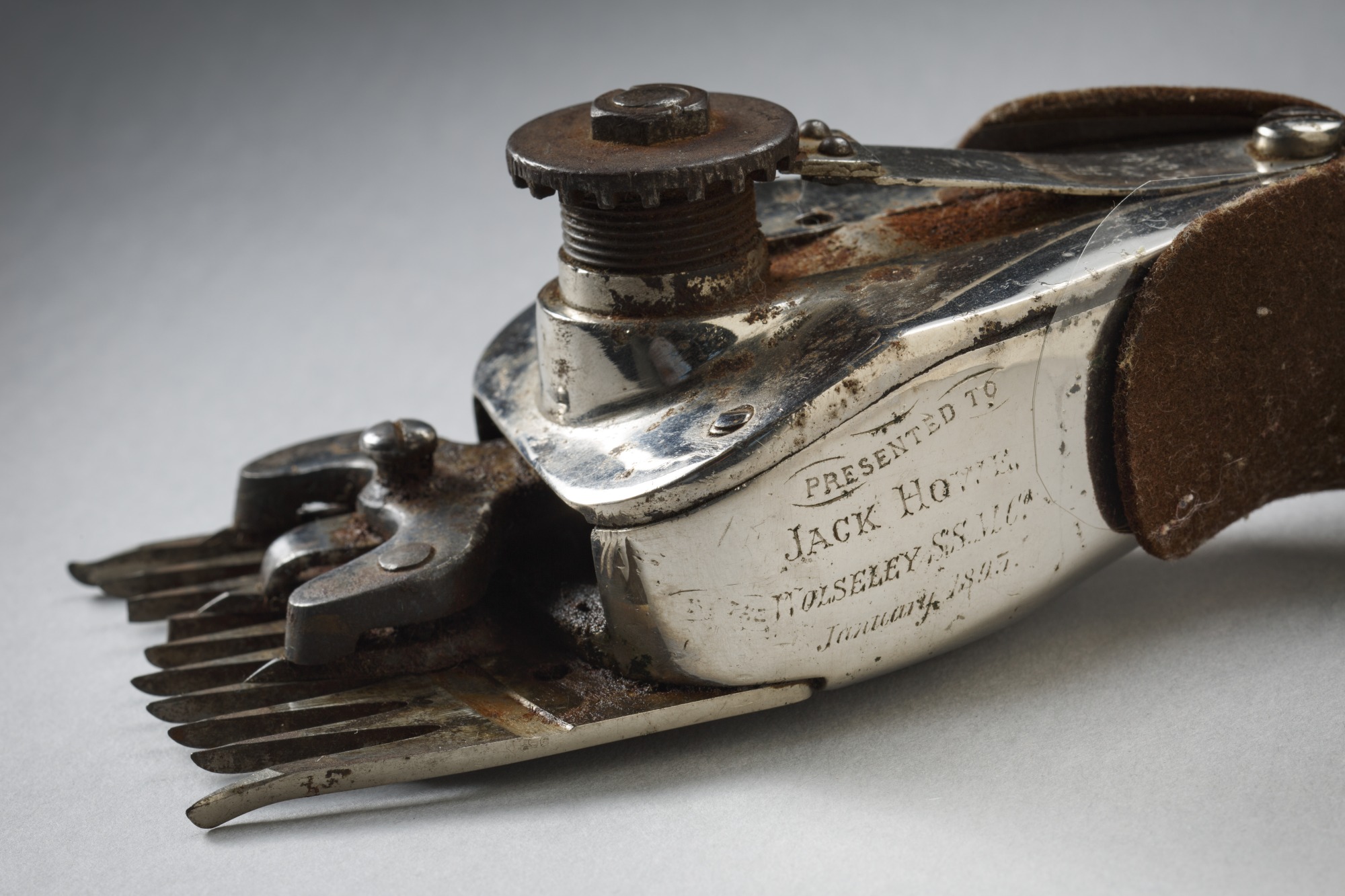 Mechanical shears presented to Jack Howe by the Wolseley Sheep Shearing Machine Company.