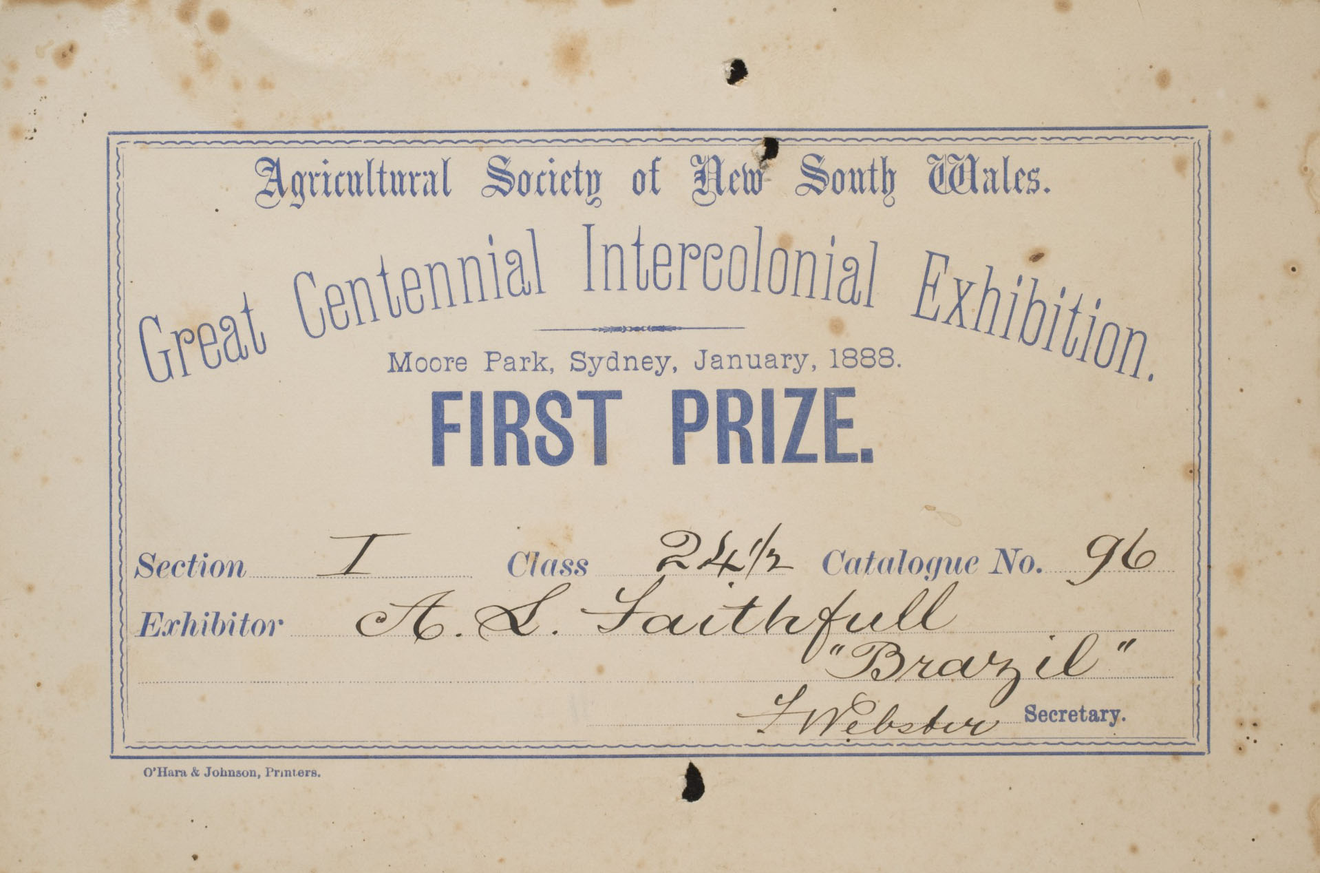Prize card awarded by the ‘Agricultural Society of New South Wales’.