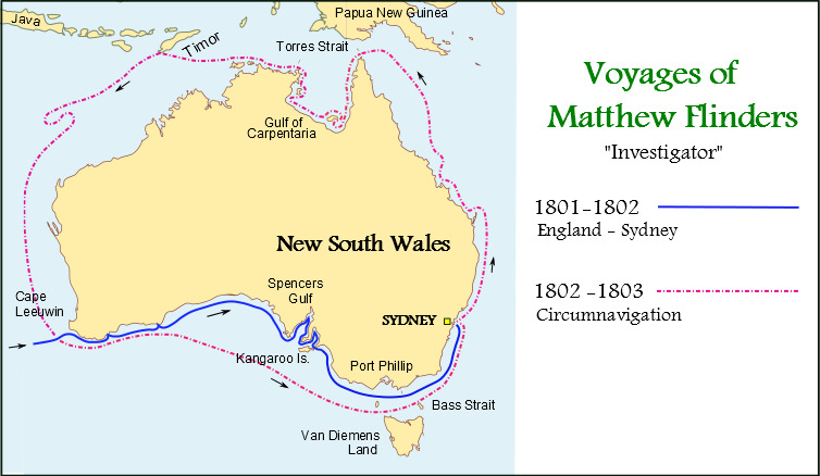 Map of Australia describing two navigation routes represented by a pink dotted line (1802 to 1903) and a blue solid line (1801 to 1802 / England to Sydney). Text is displayed on the right hand side and reads 'Voyages of Matthew Flinders "Investigator"'.