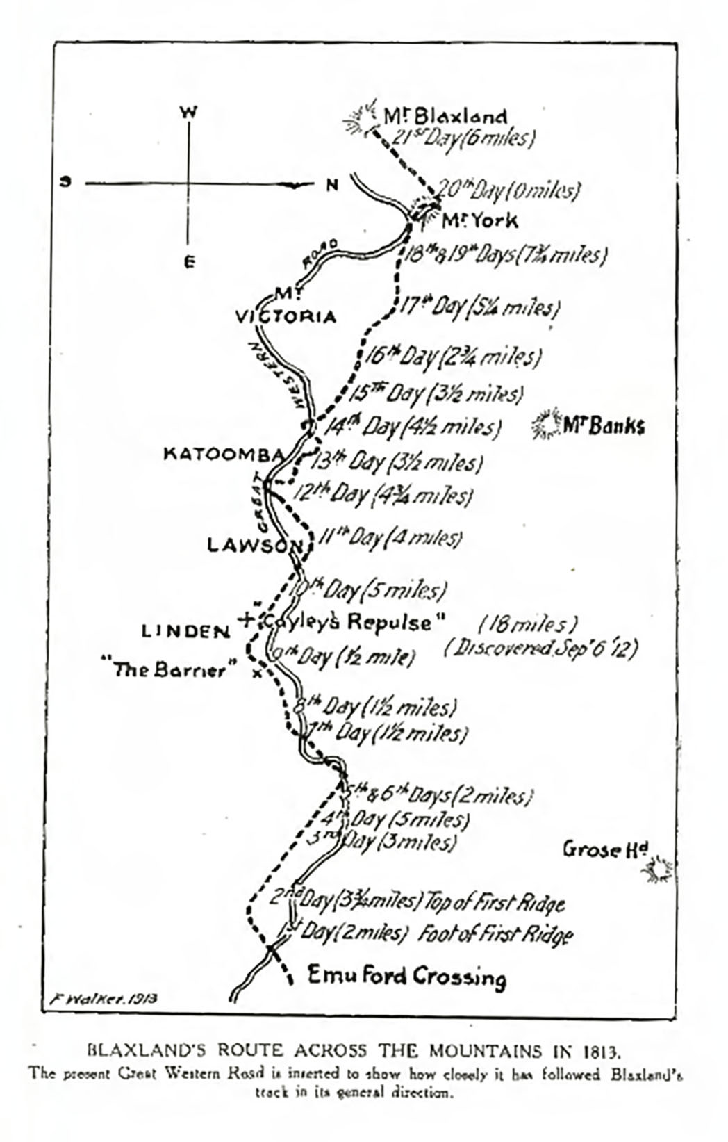 Map of Blaxland's route across the Blue Mountains in 1813. 