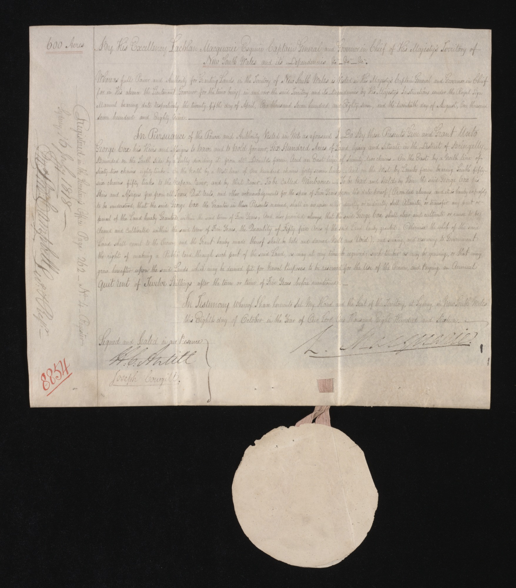 Land grant issued to Gregory Blaxland signed by Governor Lachlan Macquarie, dated 25 August 1812