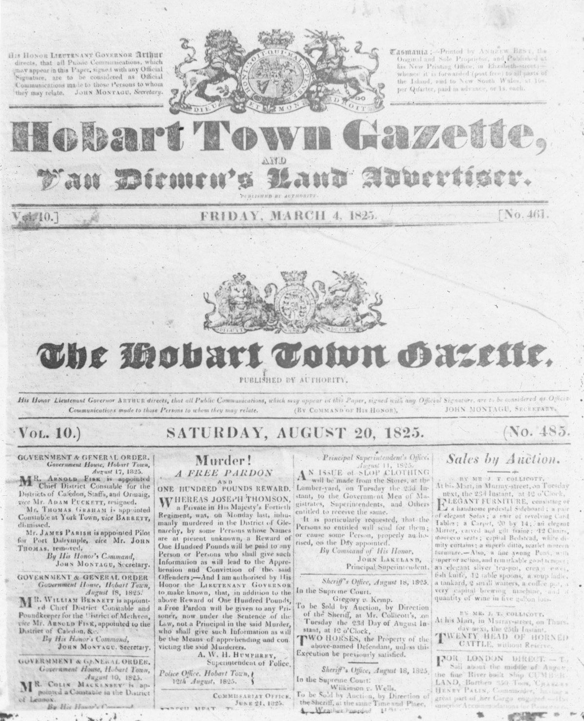 Front page of the Hobart Town Gazette, 4 March 1825 