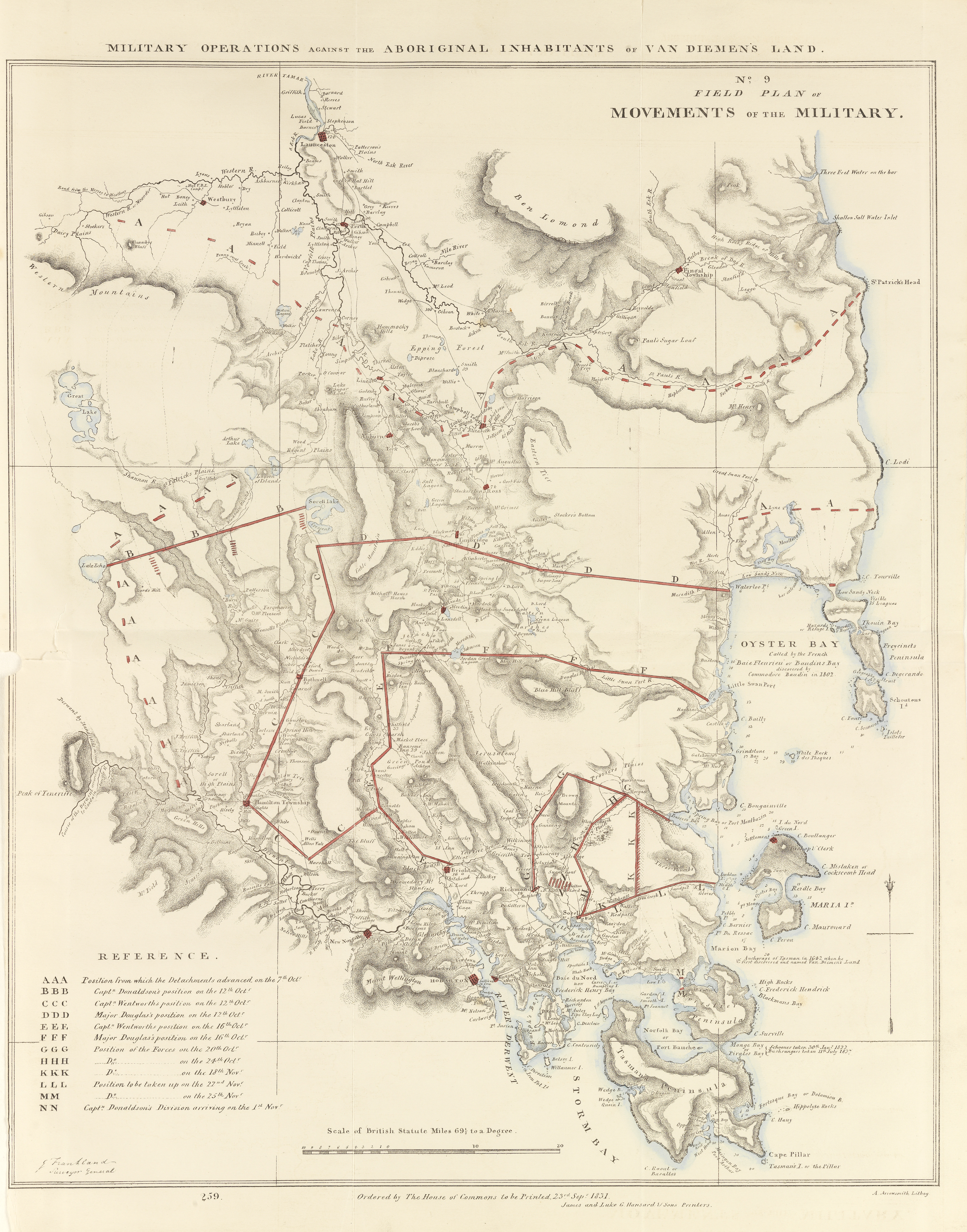 Map showing movements of the ‘Black Line’, 1831