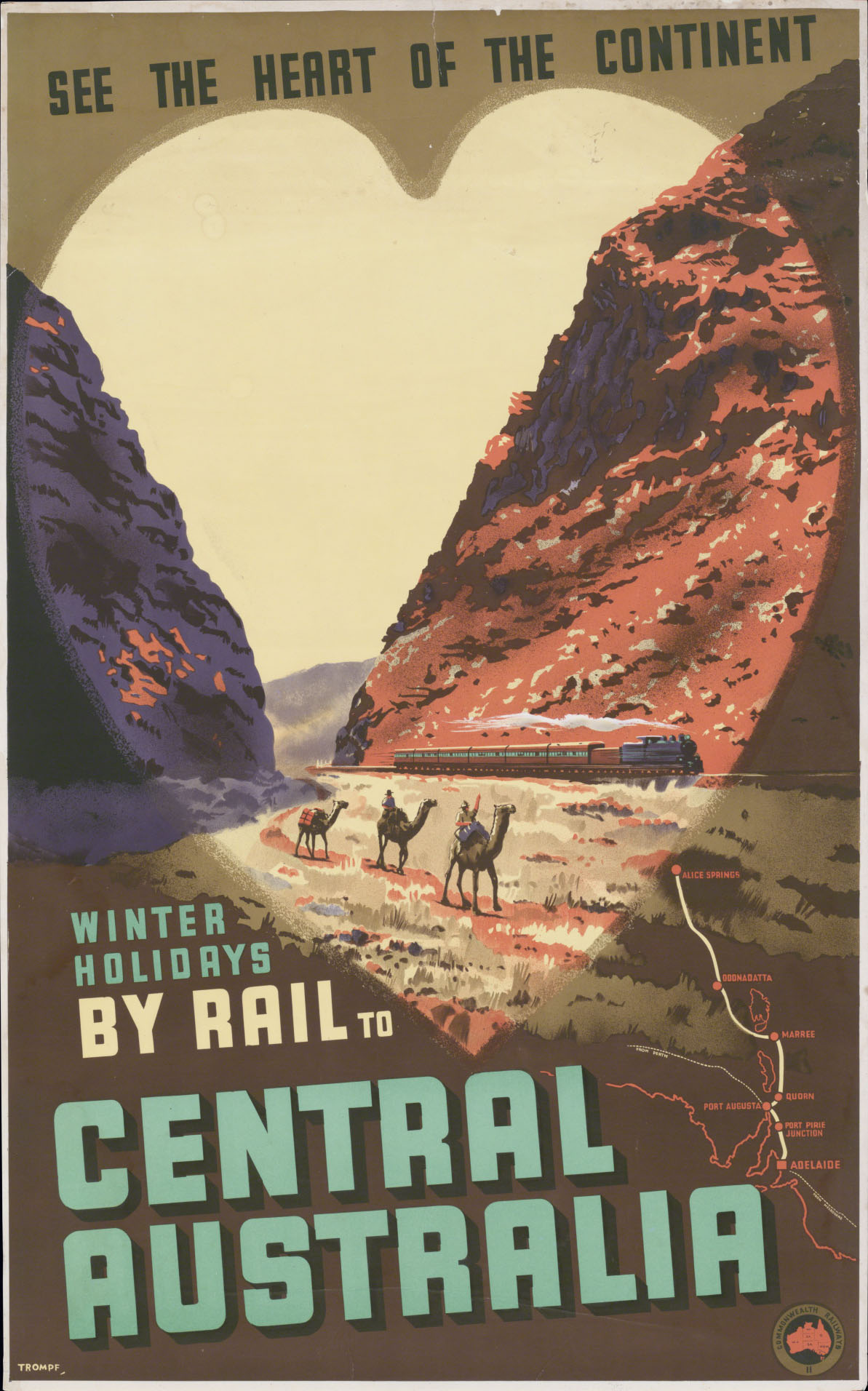 Poster advertising rail travel. ‘See the heart of the continent’, 1930.