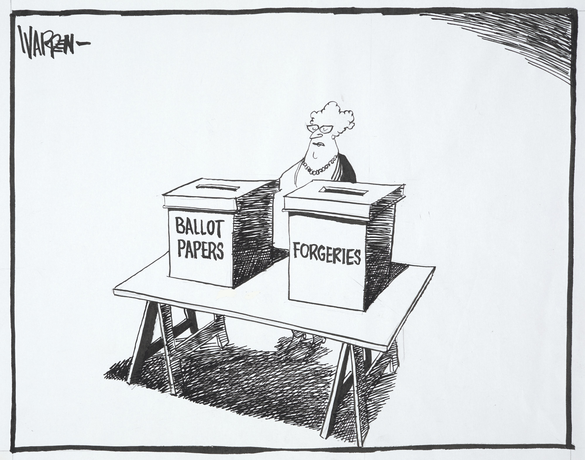 Cartoon titled <i>Ballot Papers</i> by W. Brown. Published in the Daily Telegraph, 1996.