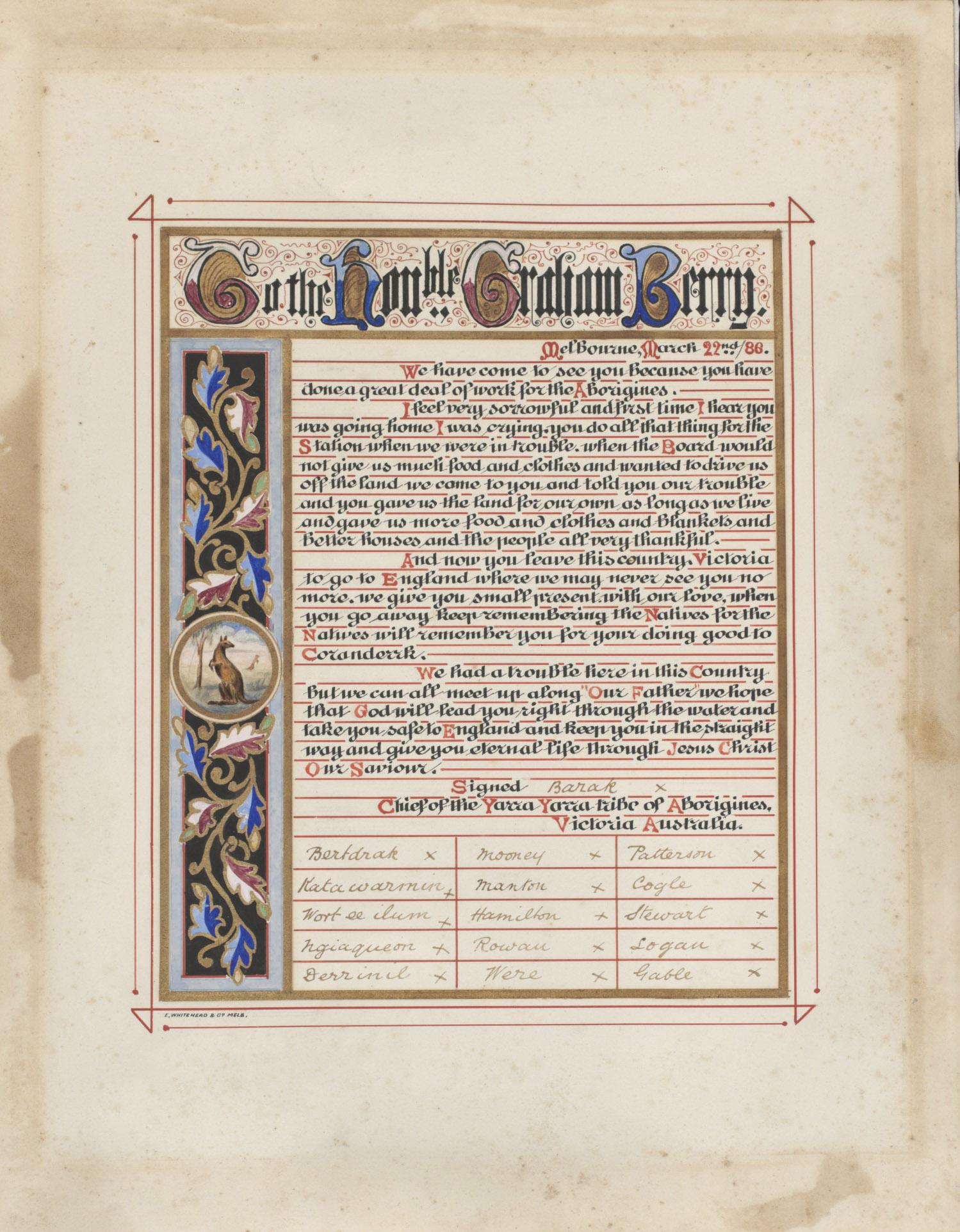 Illuminated address presented by William Barak and 15 Coranderrk residents to Graham Berry, 1886.