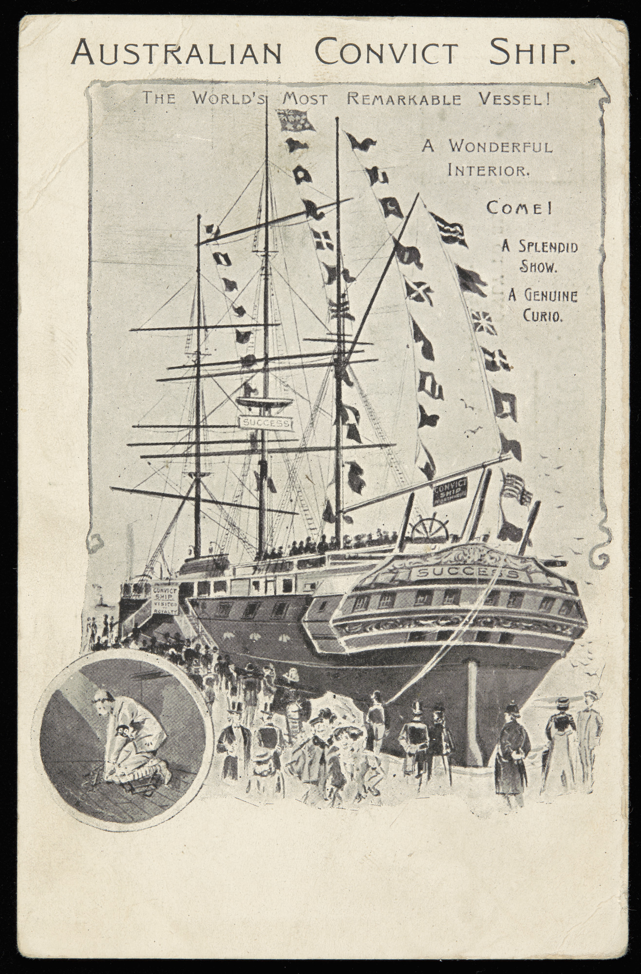 A postcard showing the ship called the Success (advertised as a convict ship, though it never actually transported convicts). 