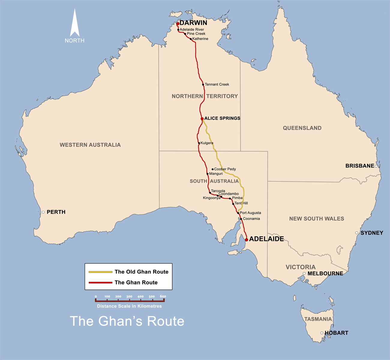 The route taken by the Ghan, a passenger train that travels between Adelaide and Darwin. Originally, the Ghan followed the route of the Overland Telegraph line.