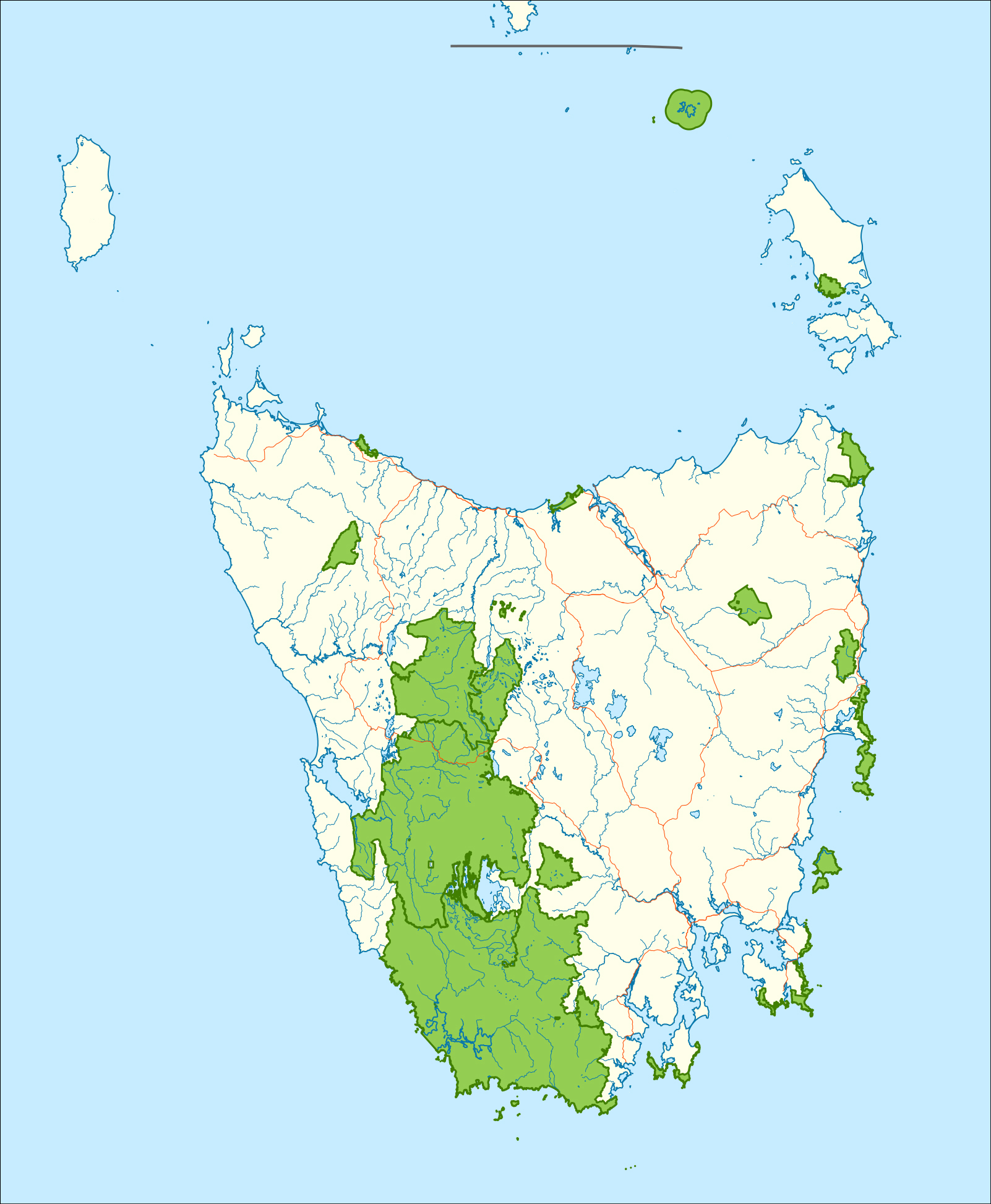 Tasmanian national parks map (national parks show in green).