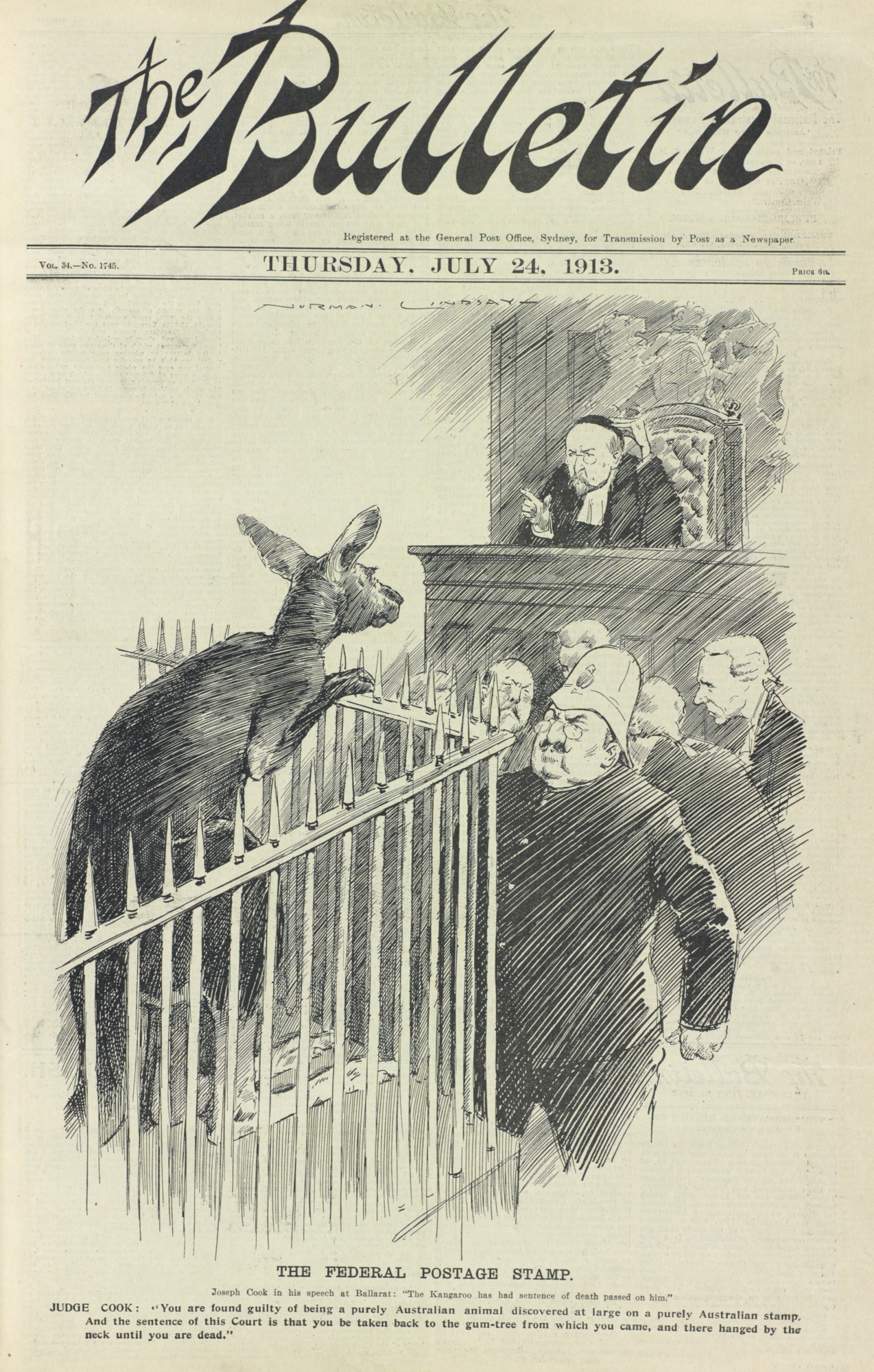 <p>Cover of the <em>Bulletin</em>, drawn by Norman Lindsay,&nbsp;24 July 1913</p>
