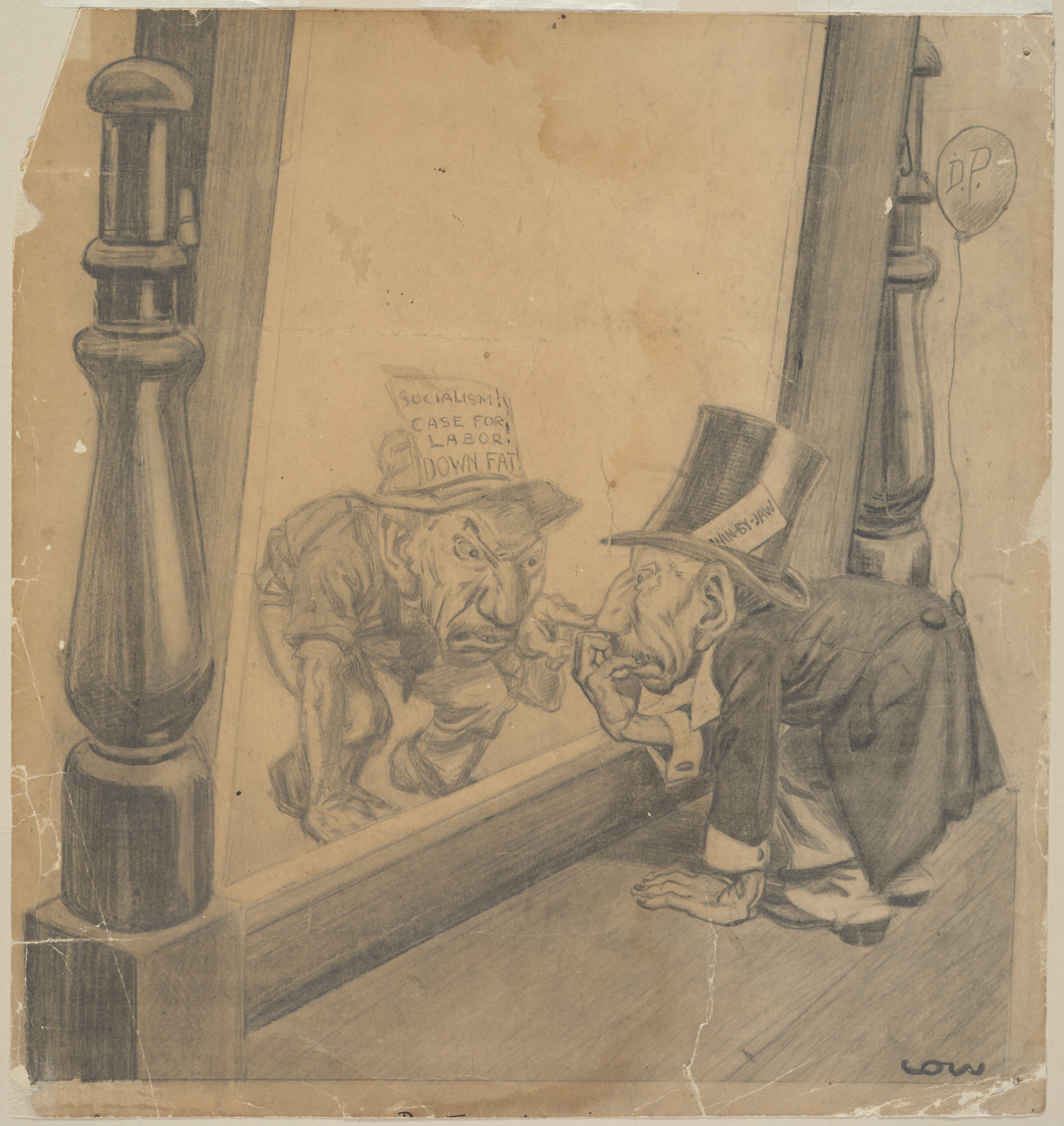 Drawing of Prime Minister William (Billy) Hughes gazing into an oversized mirror. 