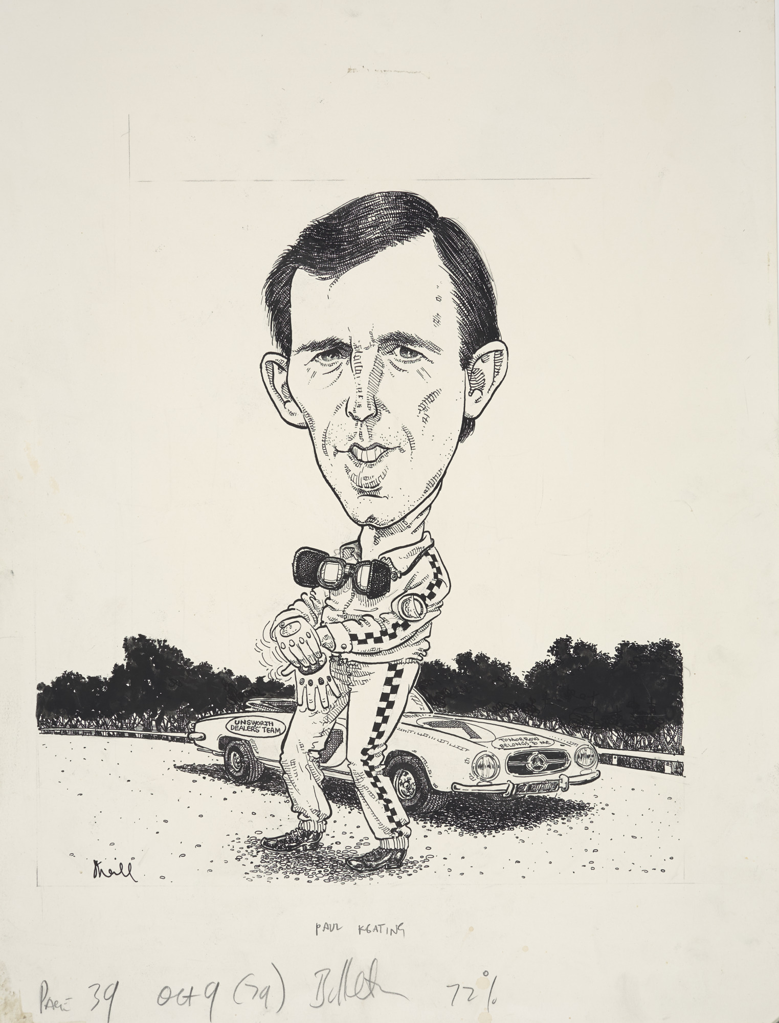 Cartoon of federal Labor politician Paul Keating as a racing car driver, published in the Bulletin, 9 October 1979. 