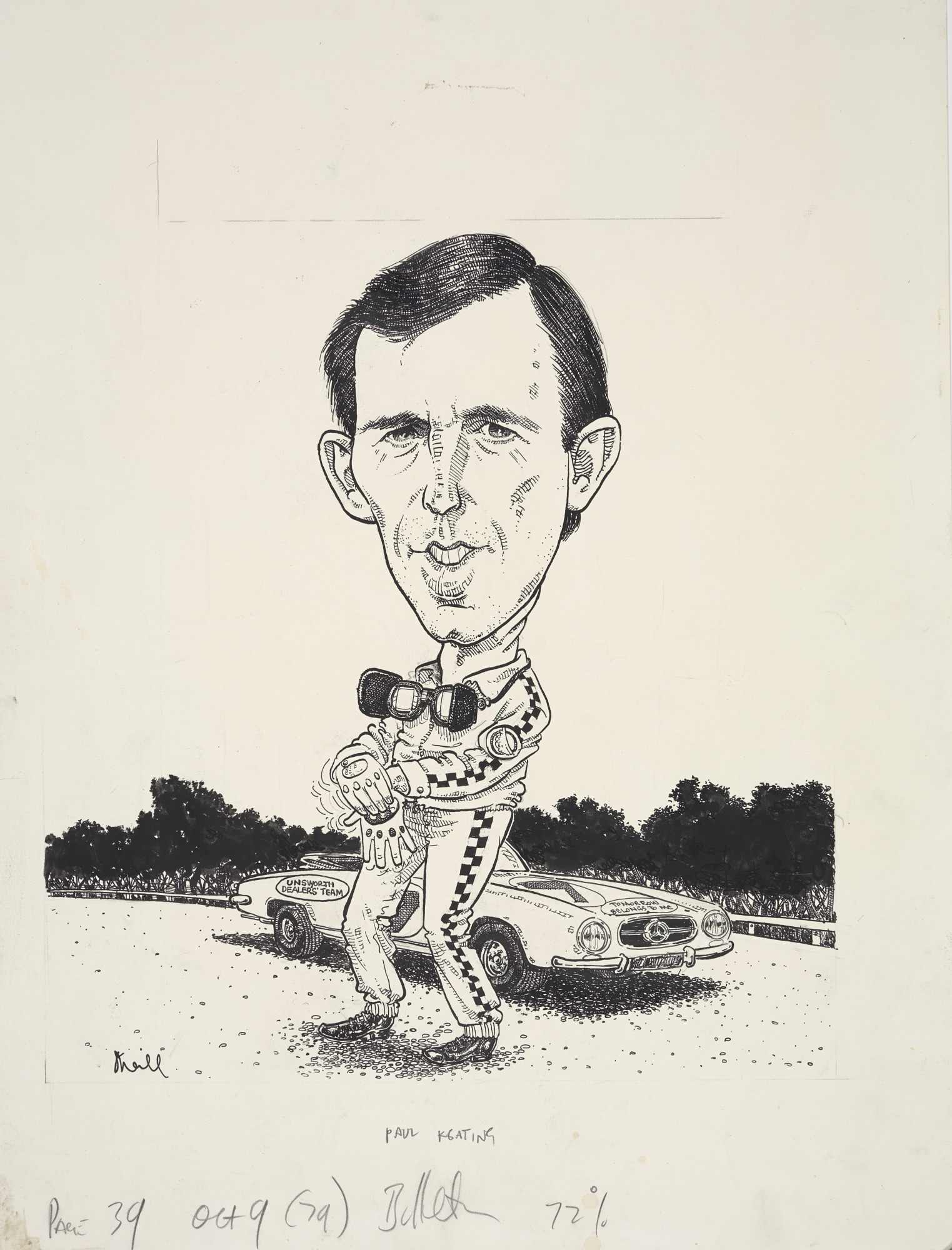 Cartoon of federal Labor politician Paul Keating as a racing car driver, published in the Bulletin, 9 October 1979.