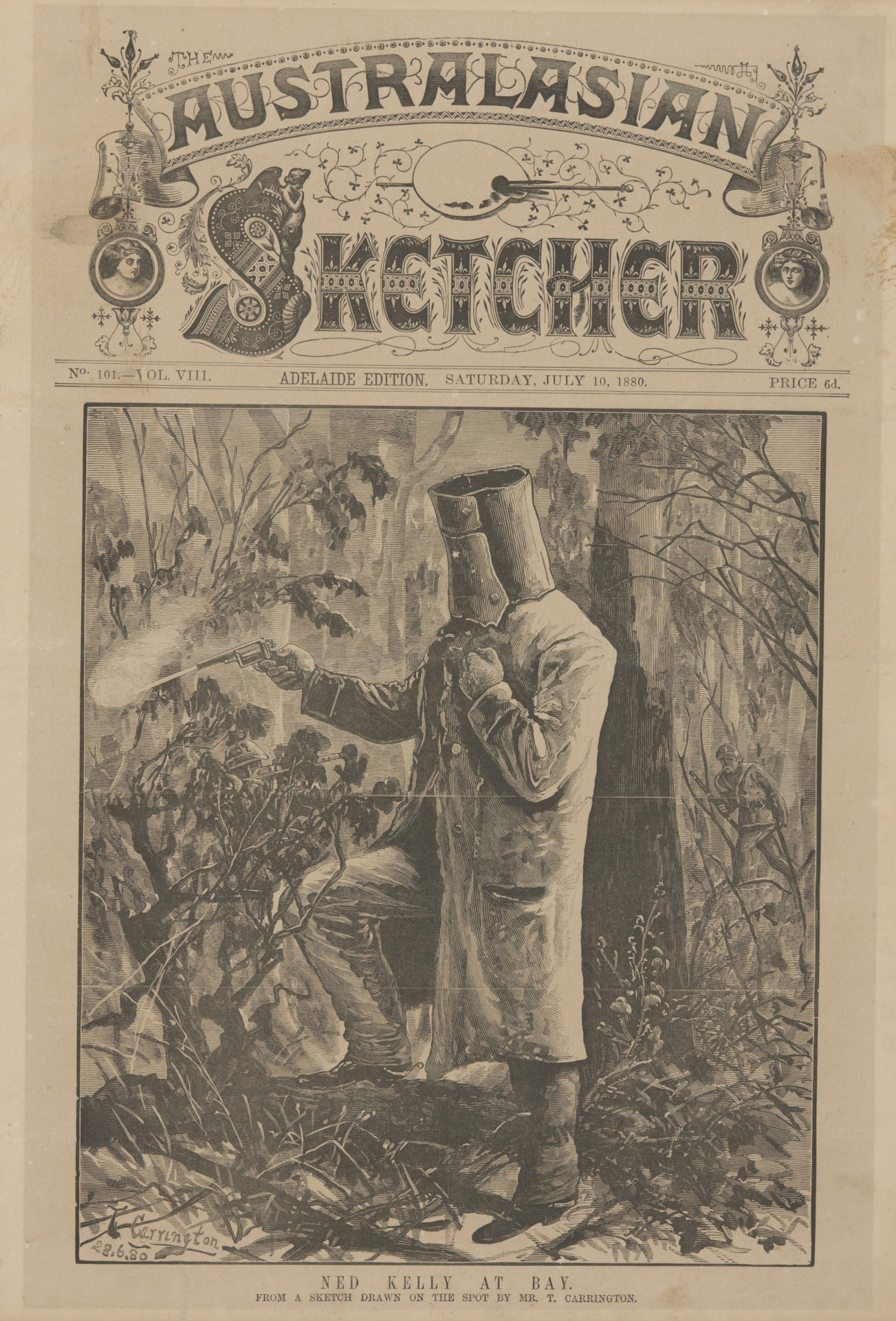 Ned Kelly on the cover of the Australasian Sketcher, 10 July 1880.