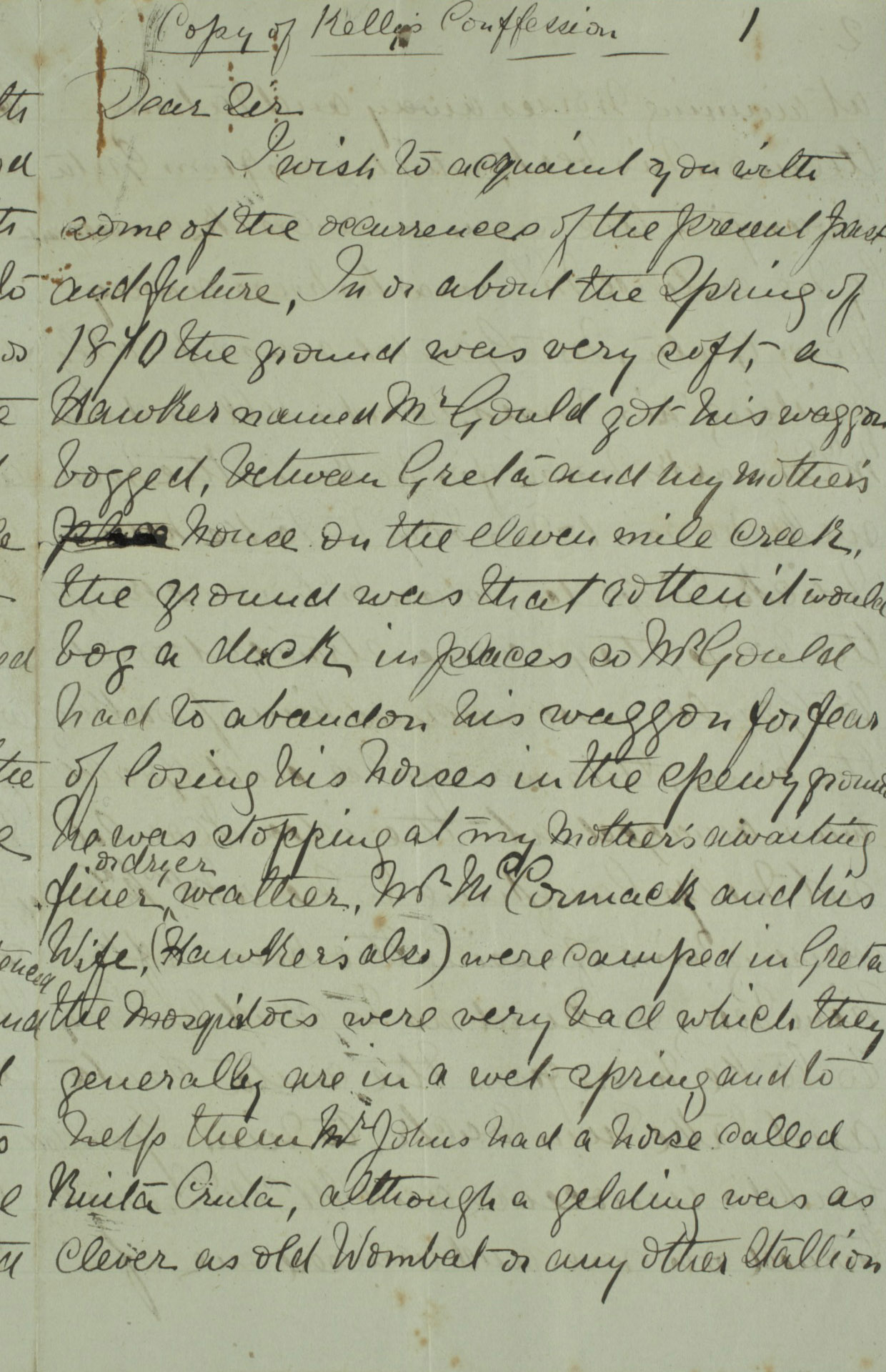 Page one of John Hanlon's transcription of Ned Kelly's Jerilderie letter, 1879.
