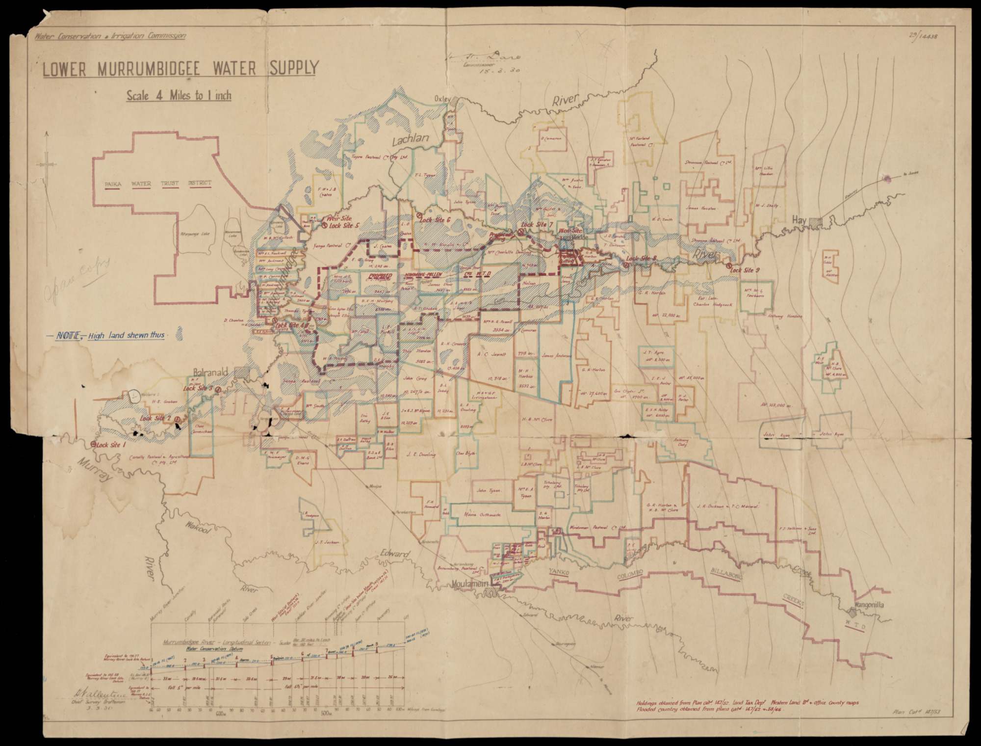 Map titled: Lower Murrumbidgee Water Supply. The map shows holding lots of landowners in detail, 18 March 1930. 