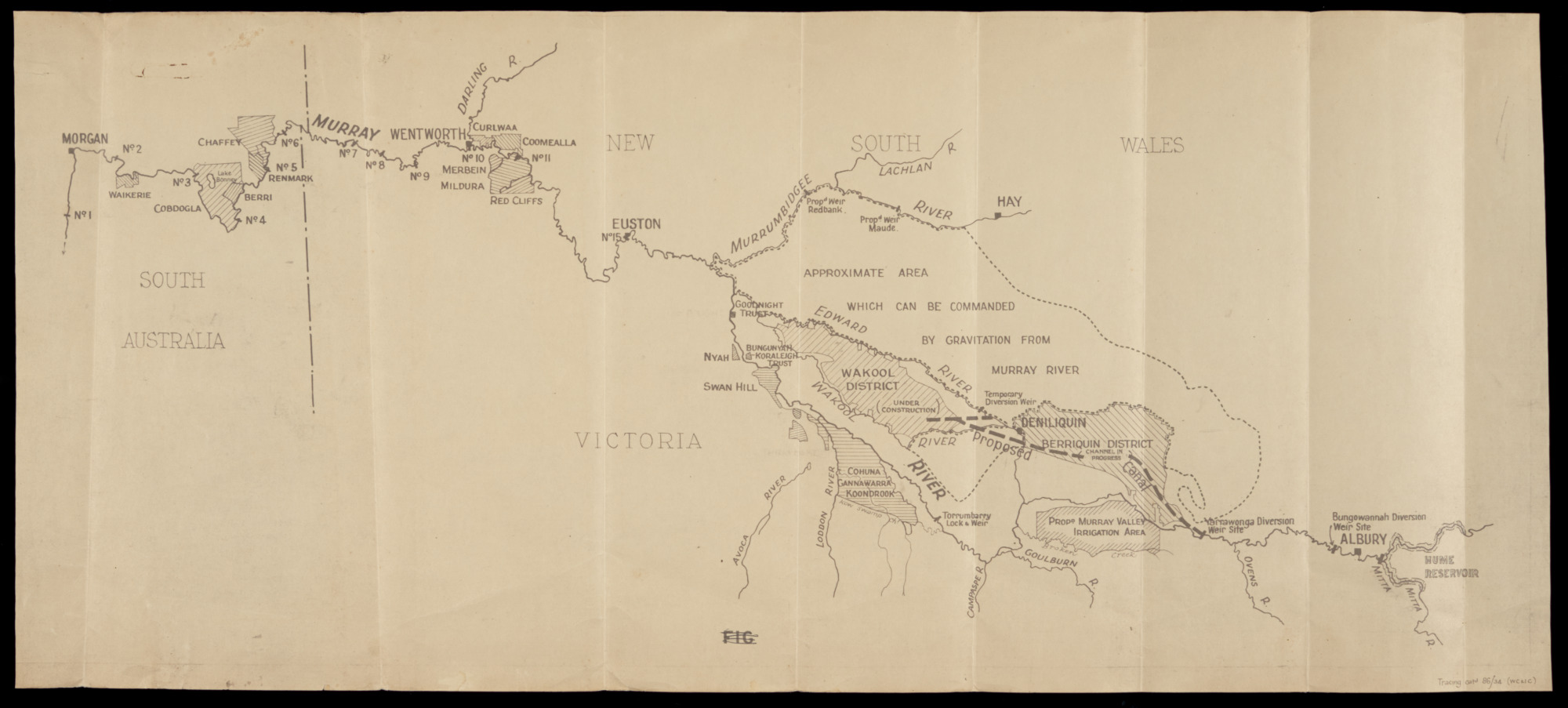 Undated map showing irrigation areas along the Murray River from Morgan, South Australia to Hume Reservoir.