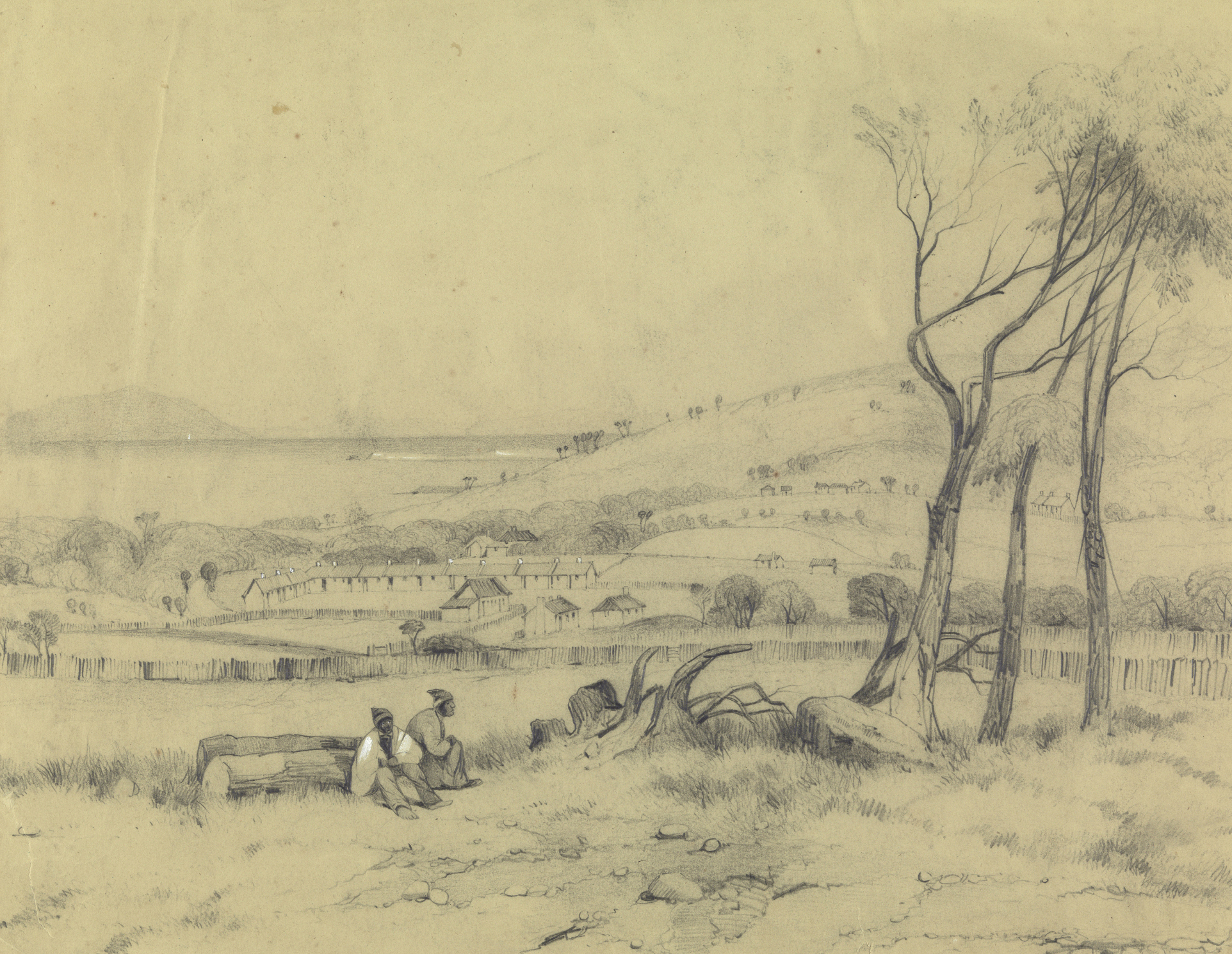 Residence of the Aborigines, Flinders Island, by John Skinner Prout, 1846