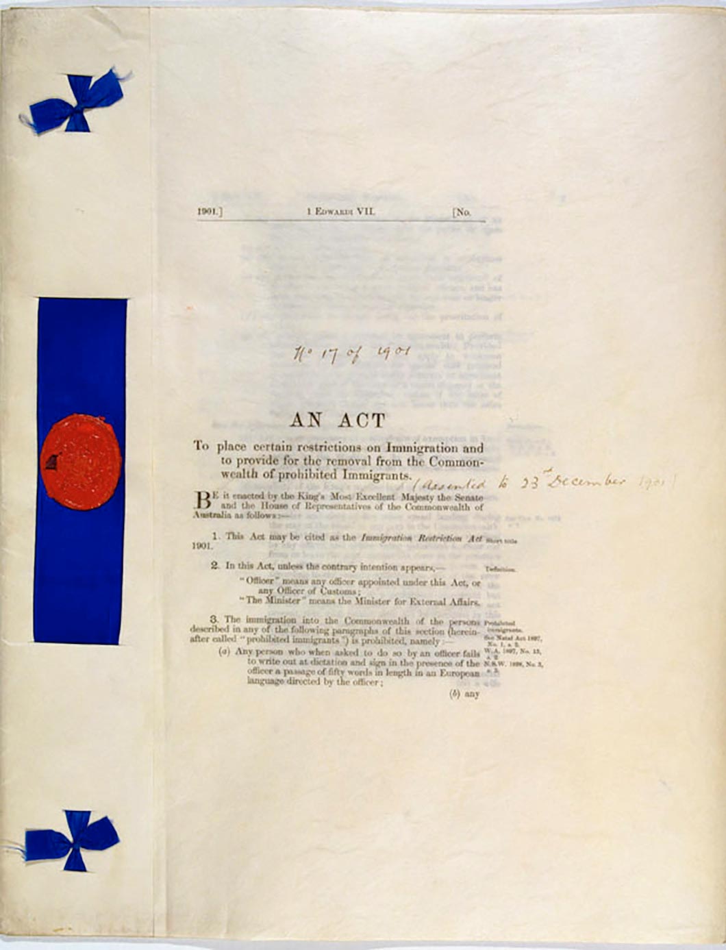 <p>First page of the <em>Immigration Restriction Act 1901</em></p>
