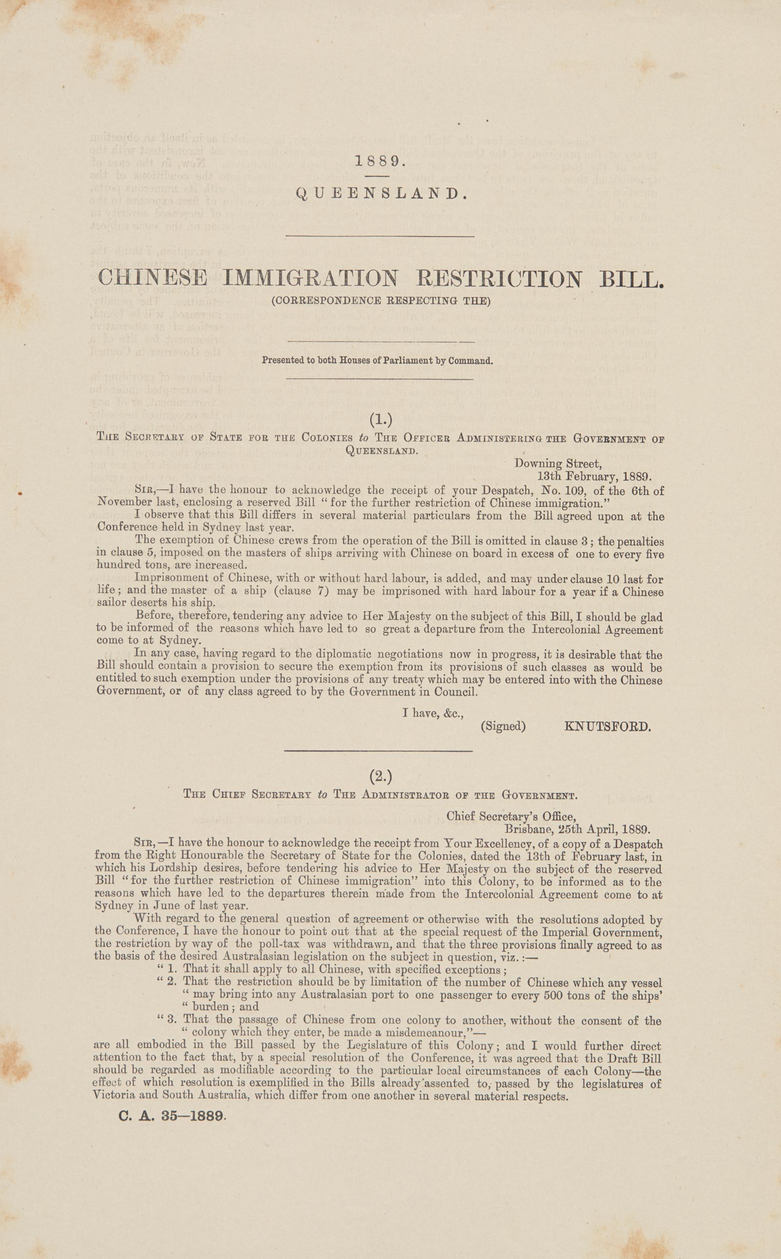 Chinese Immigration Restriction Bill, Queensland 1889.