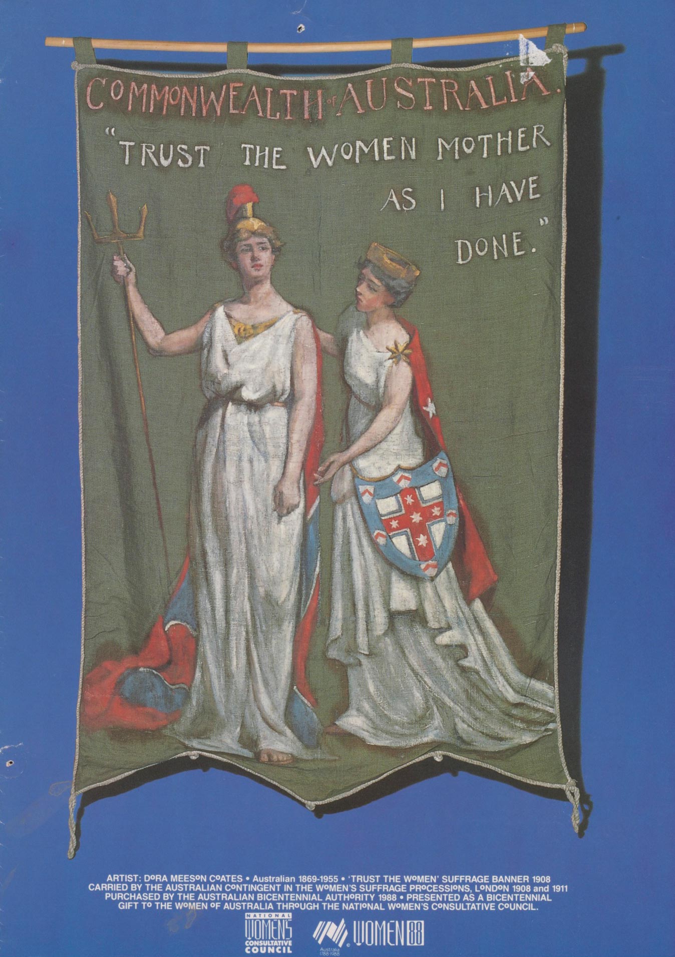 <p>Banner encouraging the United Kingdom to give women the vote, by Dora Meeson Coates, 1908</p>
