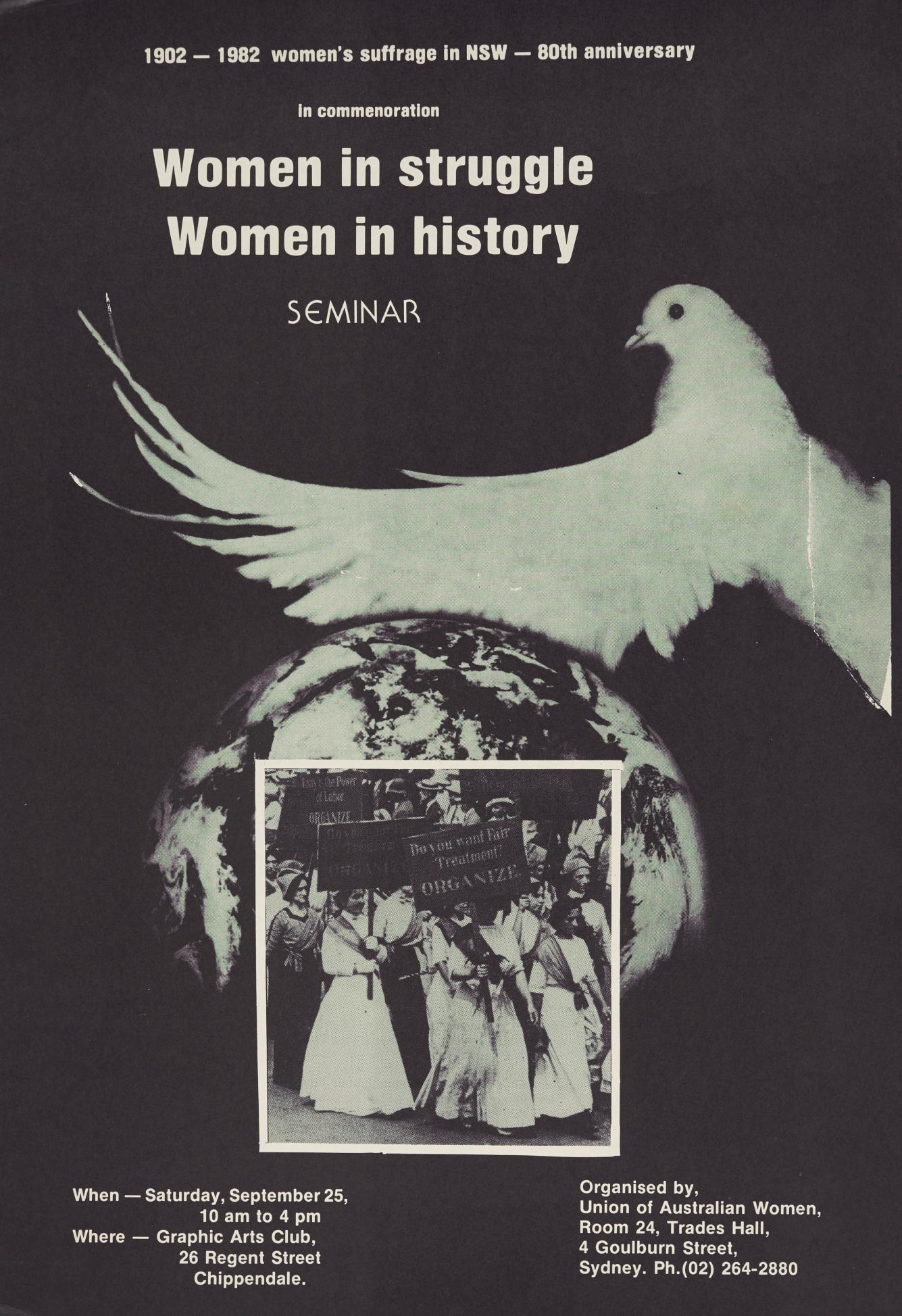 Poster titled ‘Women in Struggle, Women in History’. Commemorating the 80th anniversary of women’s suffrage in New South Wales, 1982.