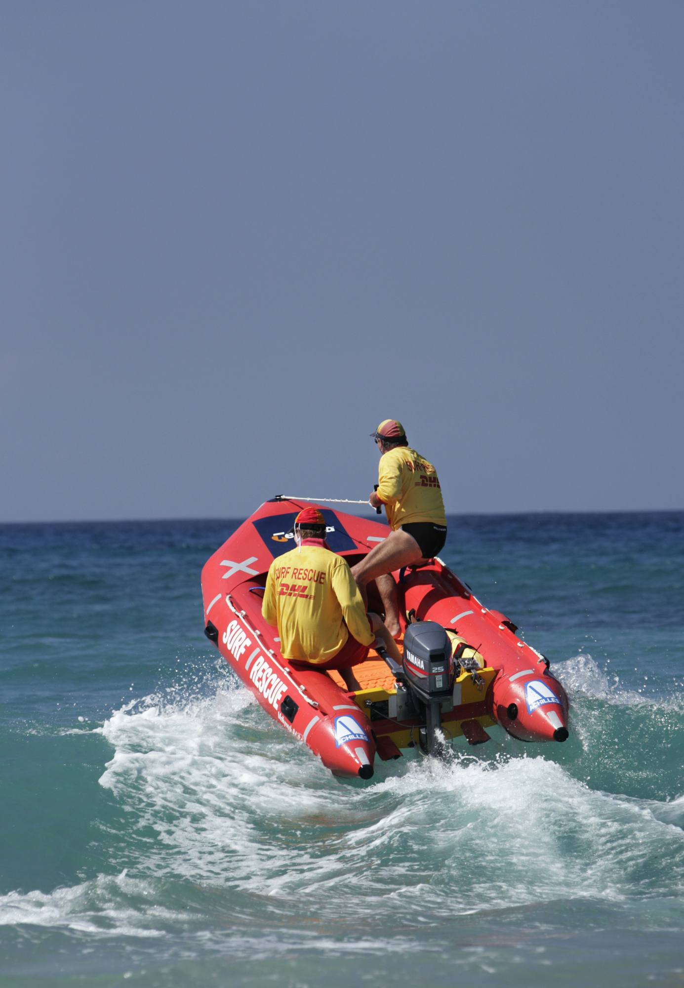 Surf lifesavers in an Inflatable Rescue Boat, Mollymook, New South Wales, 2006.
