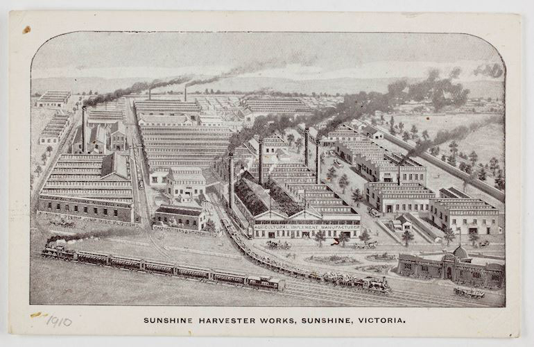 <p>Aerial view of the Sunshine Harvester Factory, about 1910</p>
