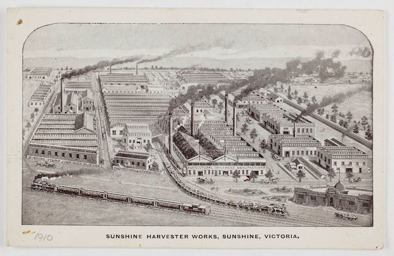 <p>Aerial view of the Sunshine Harvester Factory, about 1910</p>
