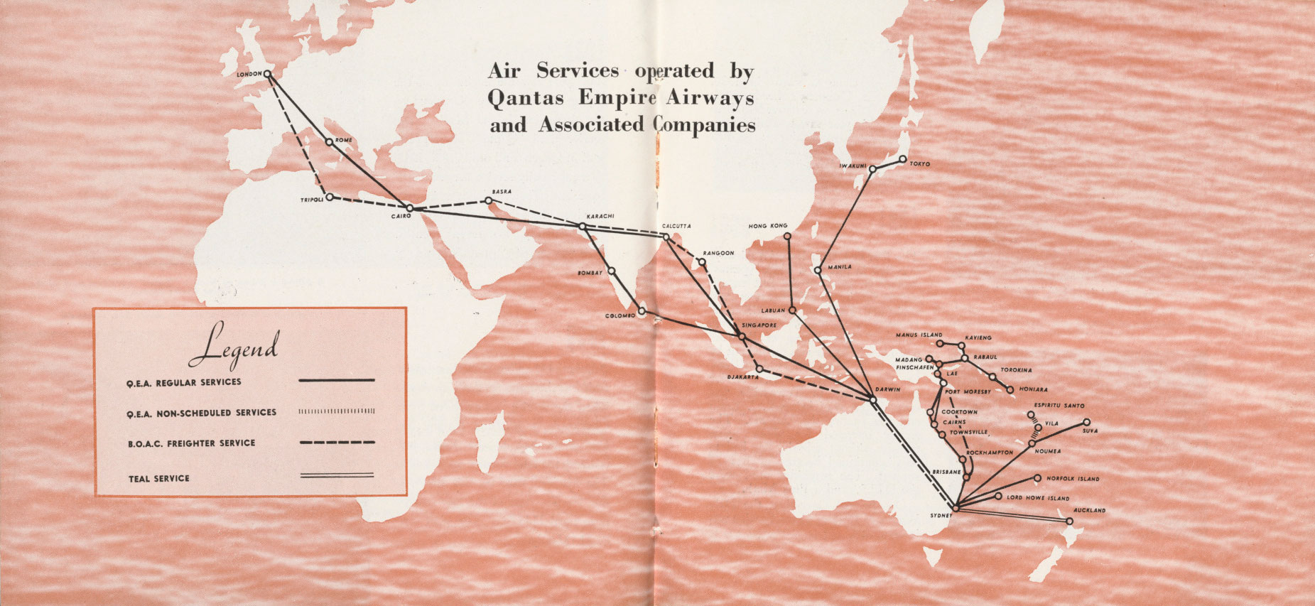 Early map of international Qantas routes.