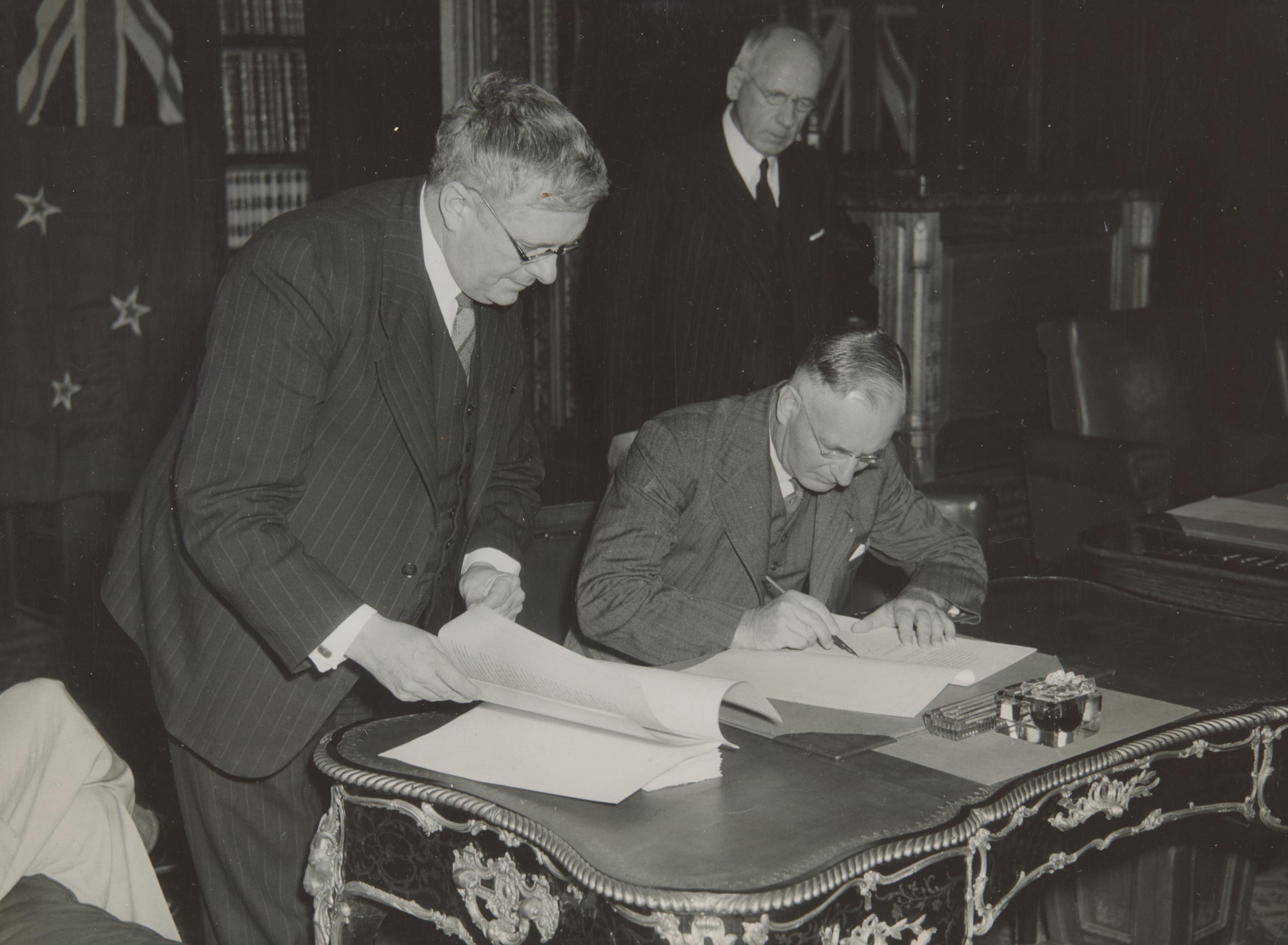 Signing of the historic Australia and New Zealand security pact on 21 January 1944.