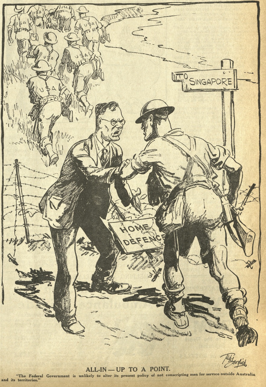 Cartoon referring to the issue of overseas conscription during the Second World War.