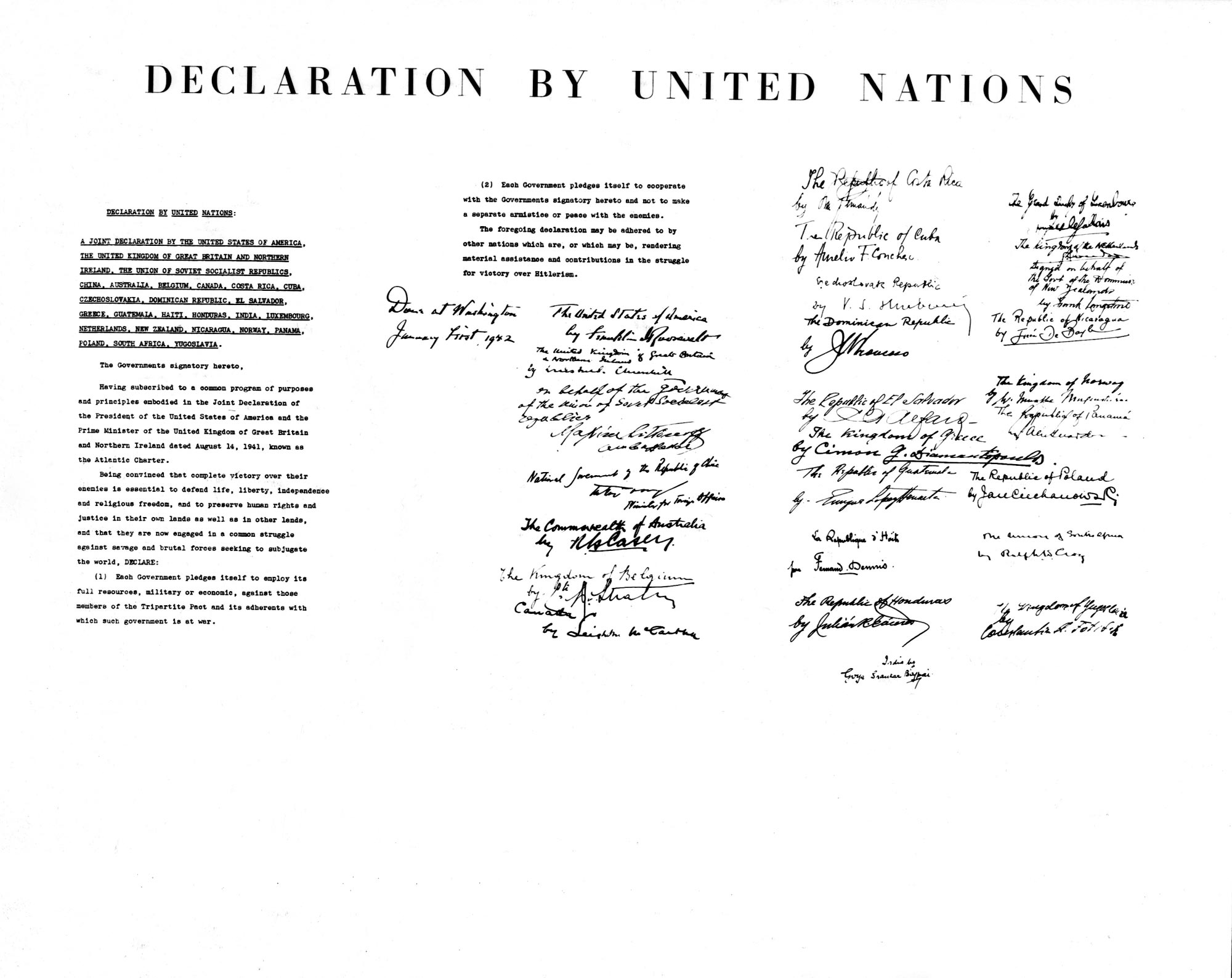 Declaration by United Nations issued in Washington, DC, on 1 January 1942.