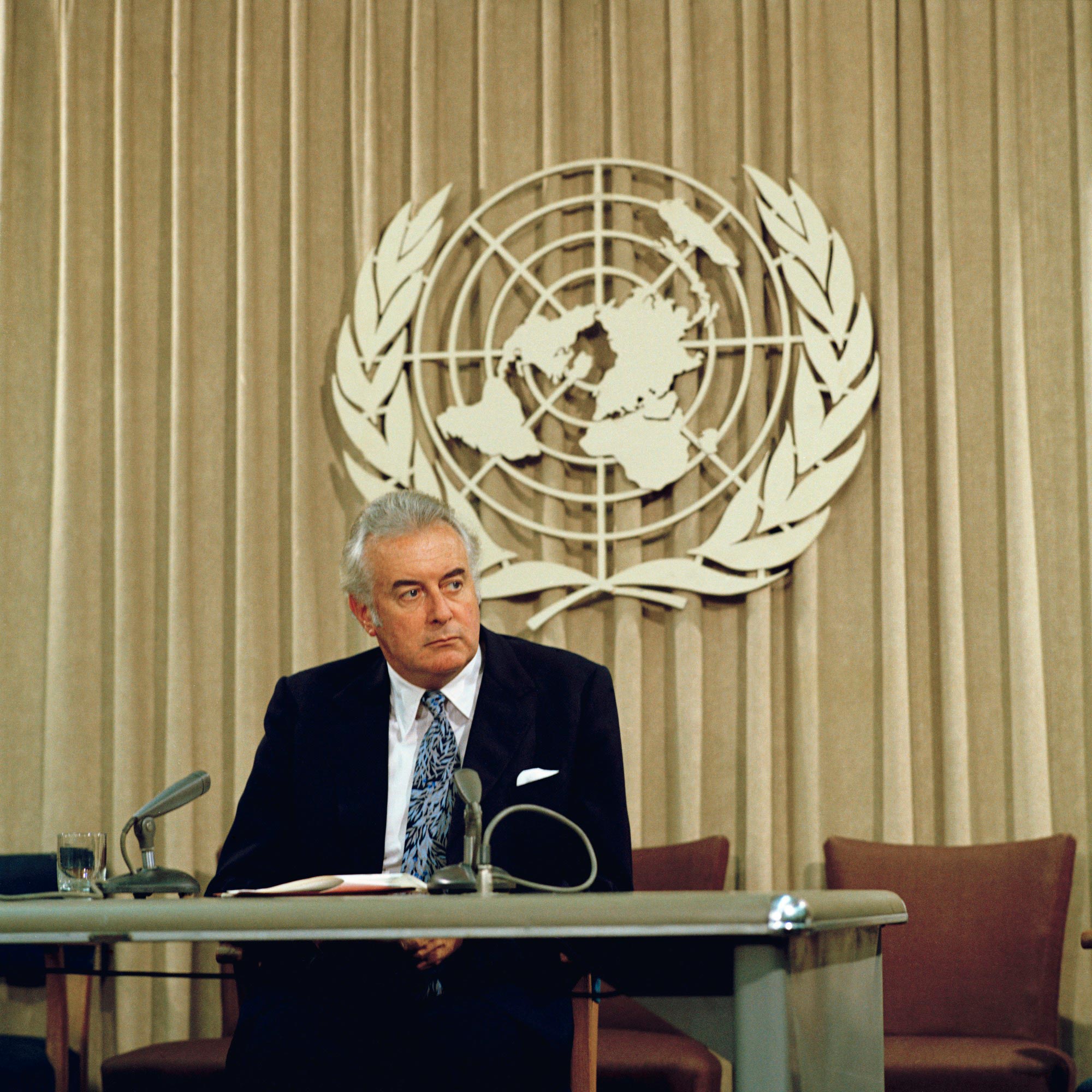 Gough Whitlam speaking at a United Nations convention during tour of the USA, 1974.