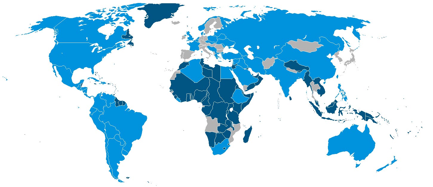 A map of United Nations member states at the end of 1945. Light blue are member states, dark blue are colonies of member states, grey are non-member states.